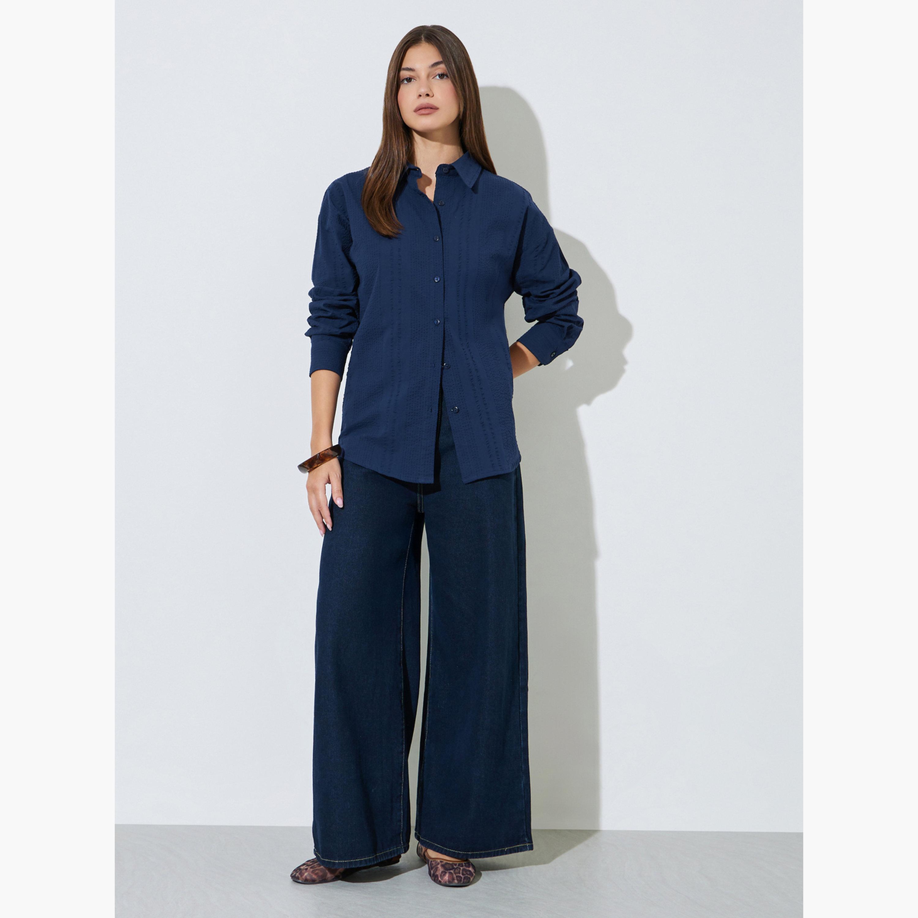 Styli Blue Textured Cotton Oversized Shirt-women-clothing-shirtsandblouses-shirts-image-2