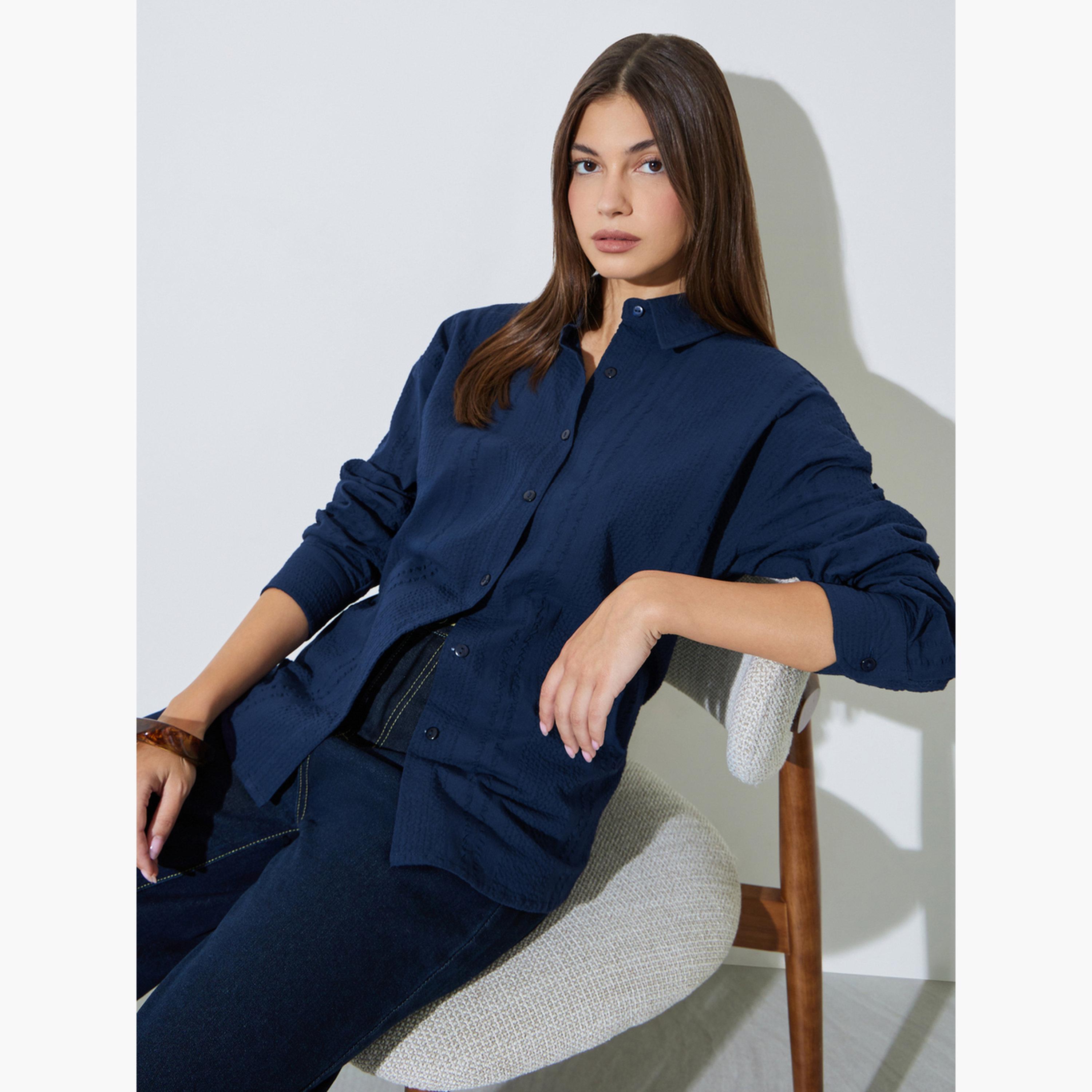 Styli Blue Textured Cotton Oversized Shirt-women-clothing-shirtsandblouses-shirts-image-3