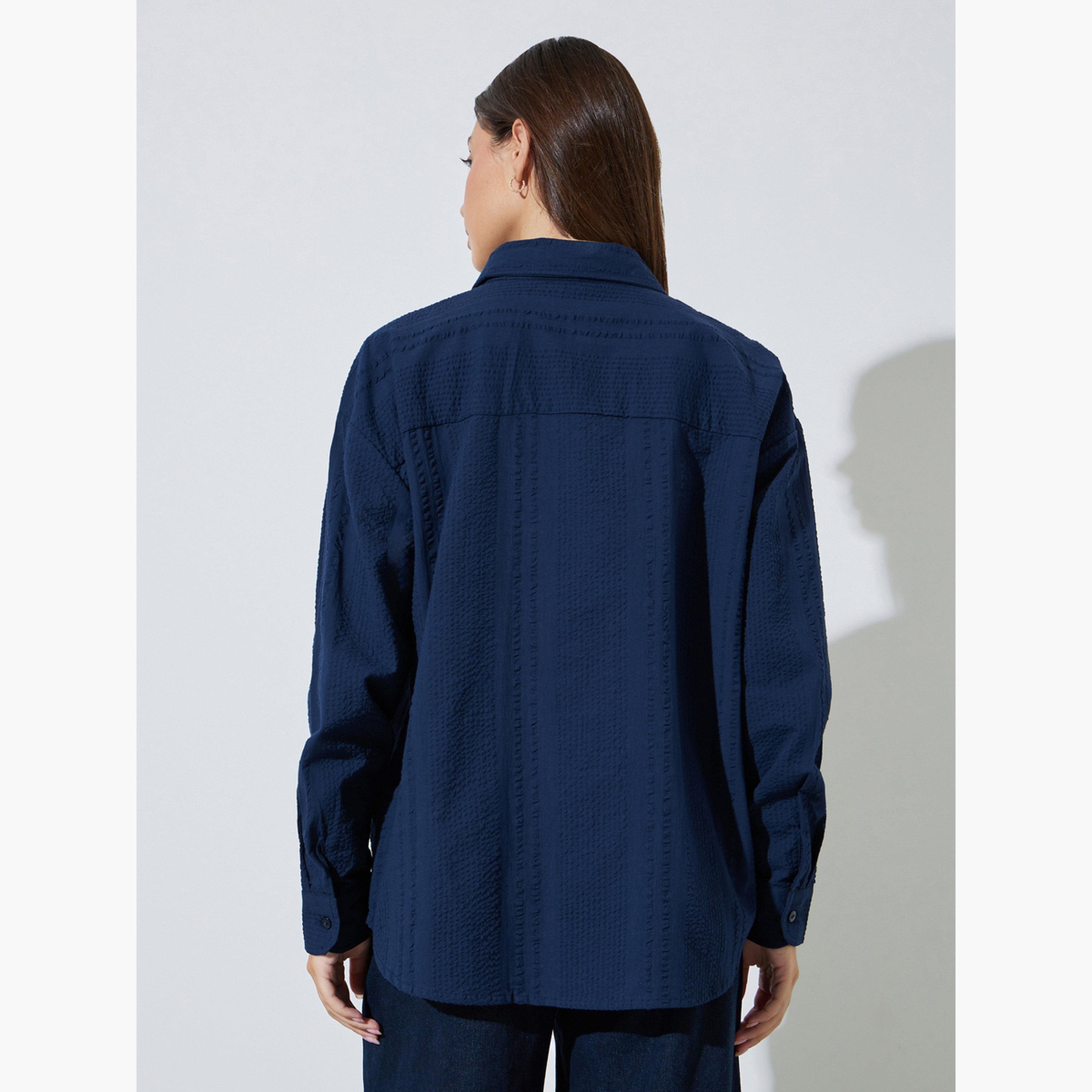 Styli Blue Textured Cotton Oversized Shirt-women-clothing-shirtsandblouses-shirts-image-4