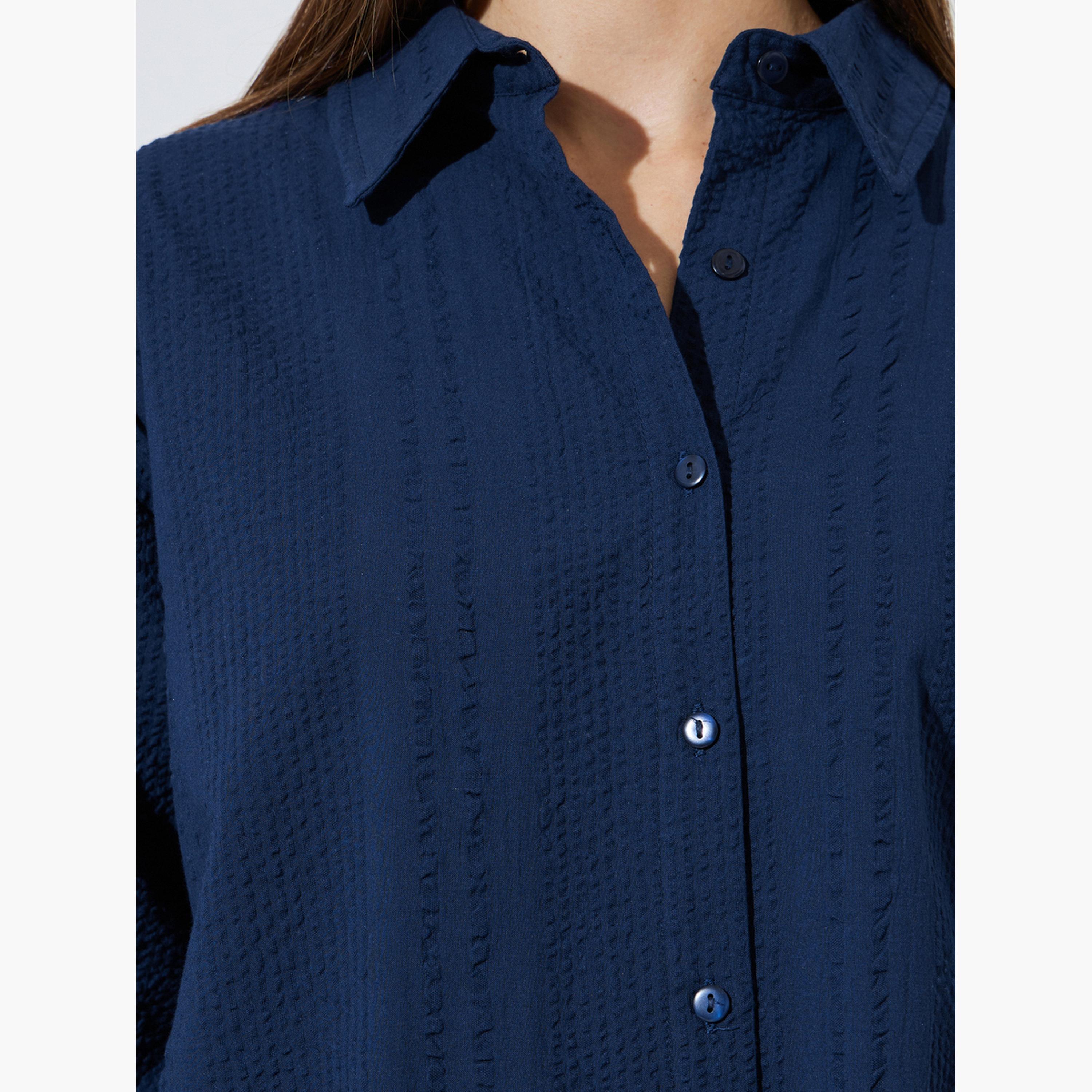 Styli Blue Textured Cotton Oversized Shirt-women-clothing-shirtsandblouses-shirts-image-5