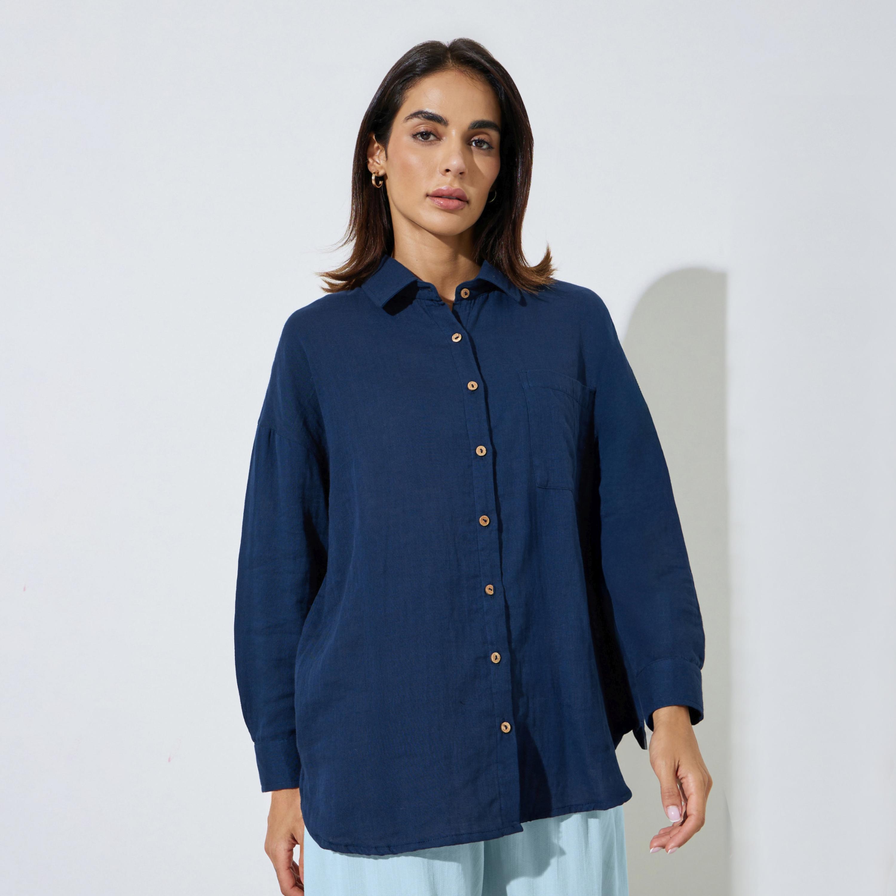 Styli Navy Blue Cotton Oversized Longline Shirt-women-clothing-shirtsandblouses-shirts-image-1