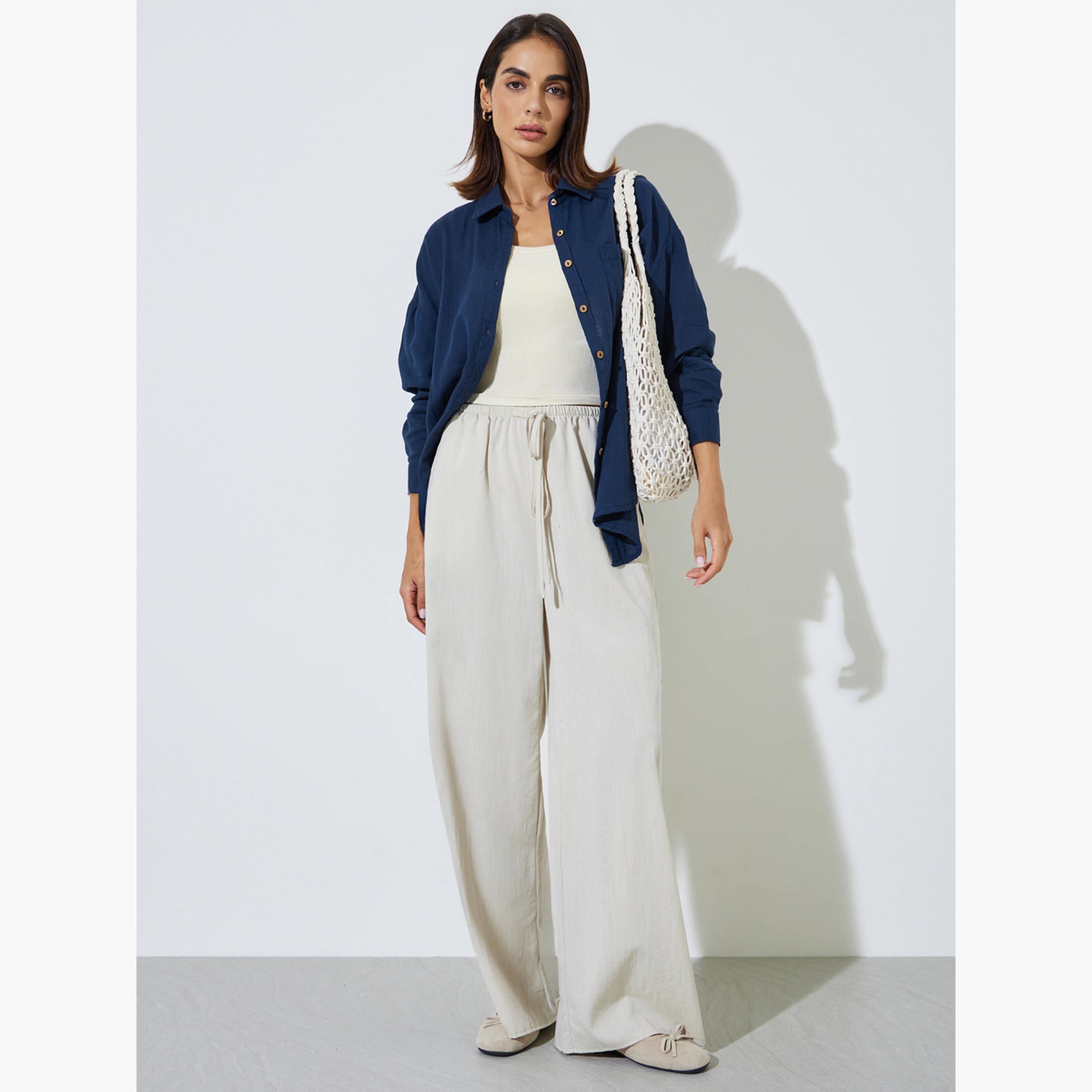 Styli Navy Blue Cotton Oversized Longline Shirt-women-clothing-shirtsandblouses-shirts-image-2
