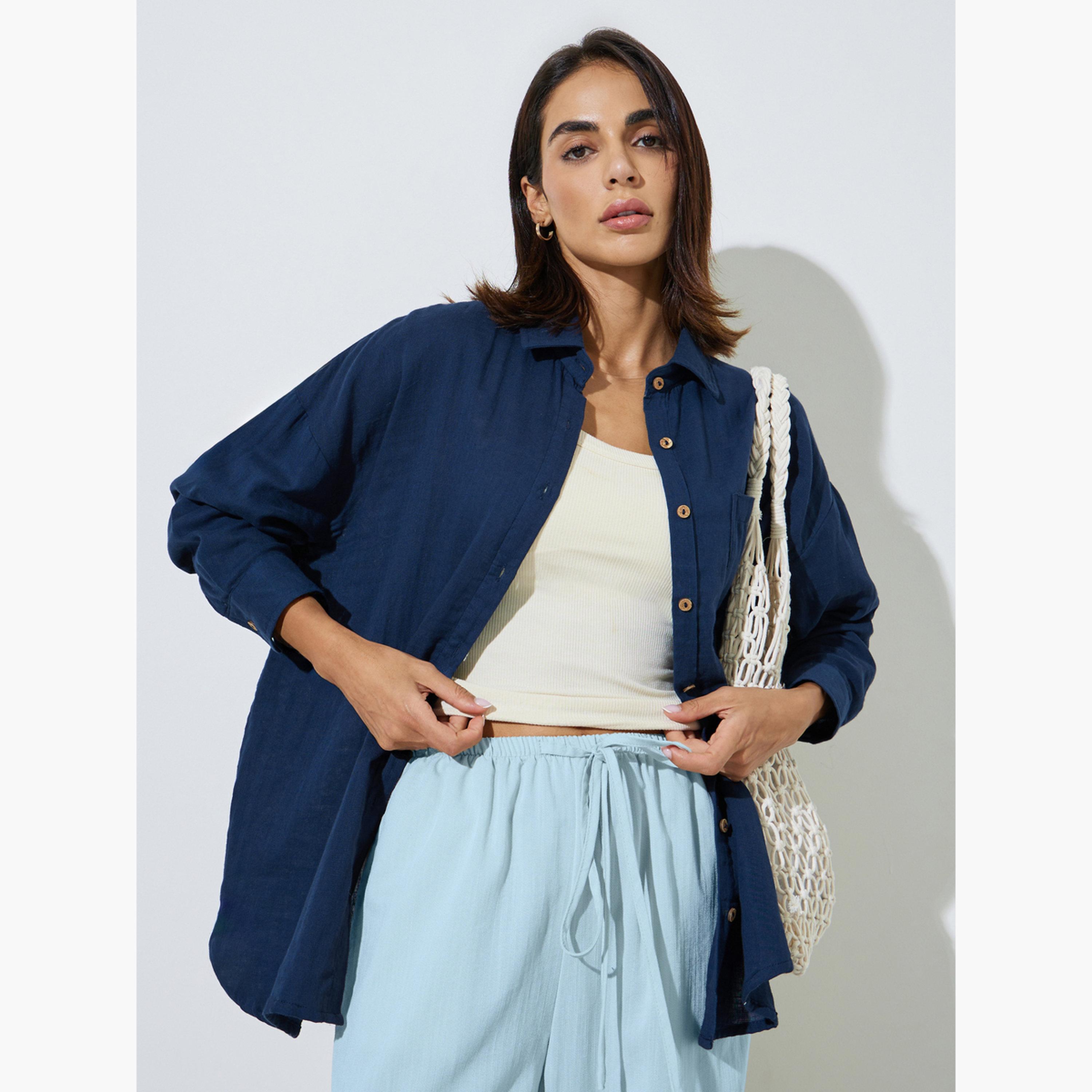 Styli Navy Blue Cotton Oversized Longline Shirt-women-clothing-shirtsandblouses-shirts-image-3