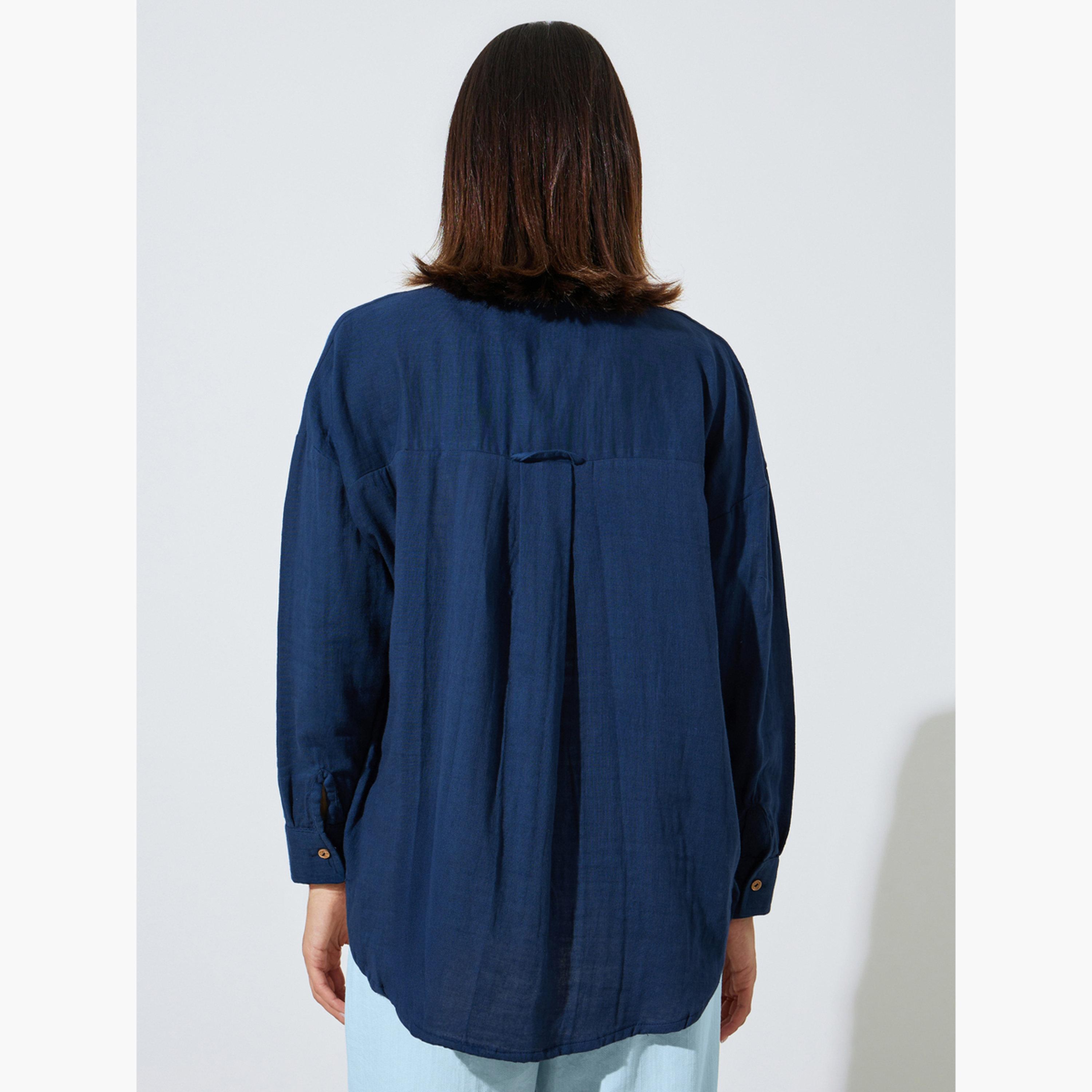 Styli Navy Blue Cotton Oversized Longline Shirt-women-clothing-shirtsandblouses-shirts-image-4