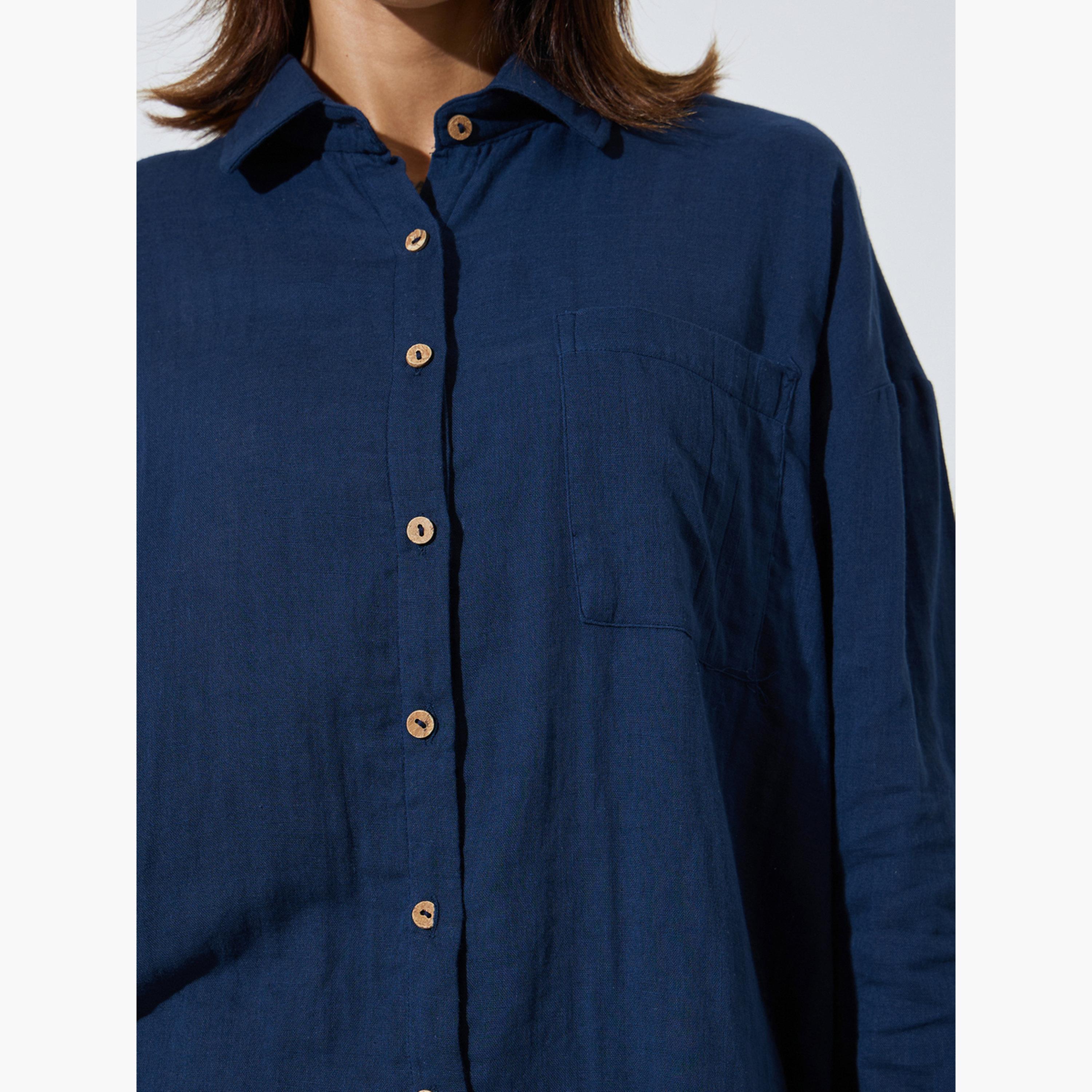 Styli Navy Blue Cotton Oversized Longline Shirt-women-clothing-shirtsandblouses-shirts-image-5