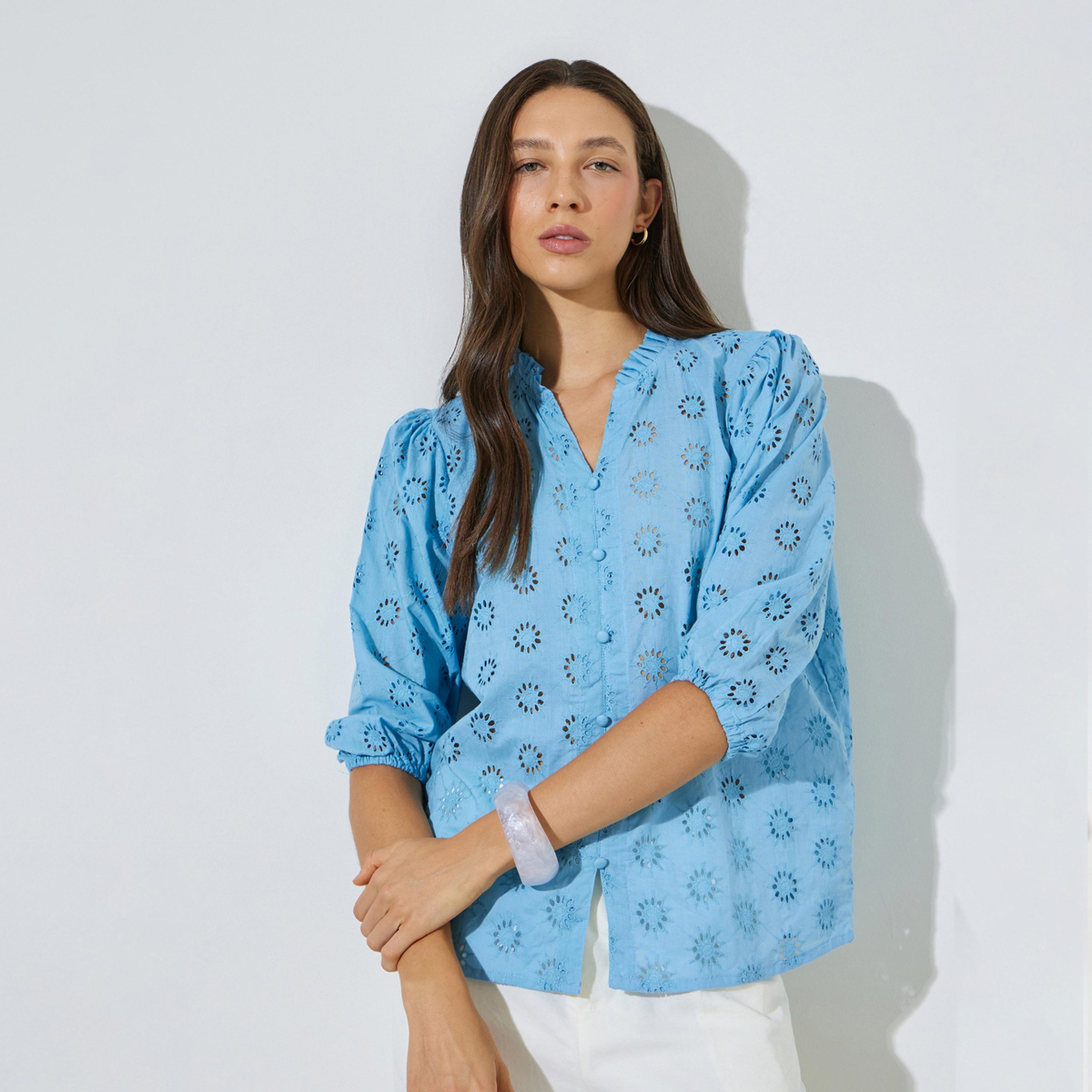 Styli Blue Schiffli Eyelet Cotton Blouse-women-clothing-shirtsandblouses-blouses-image-1