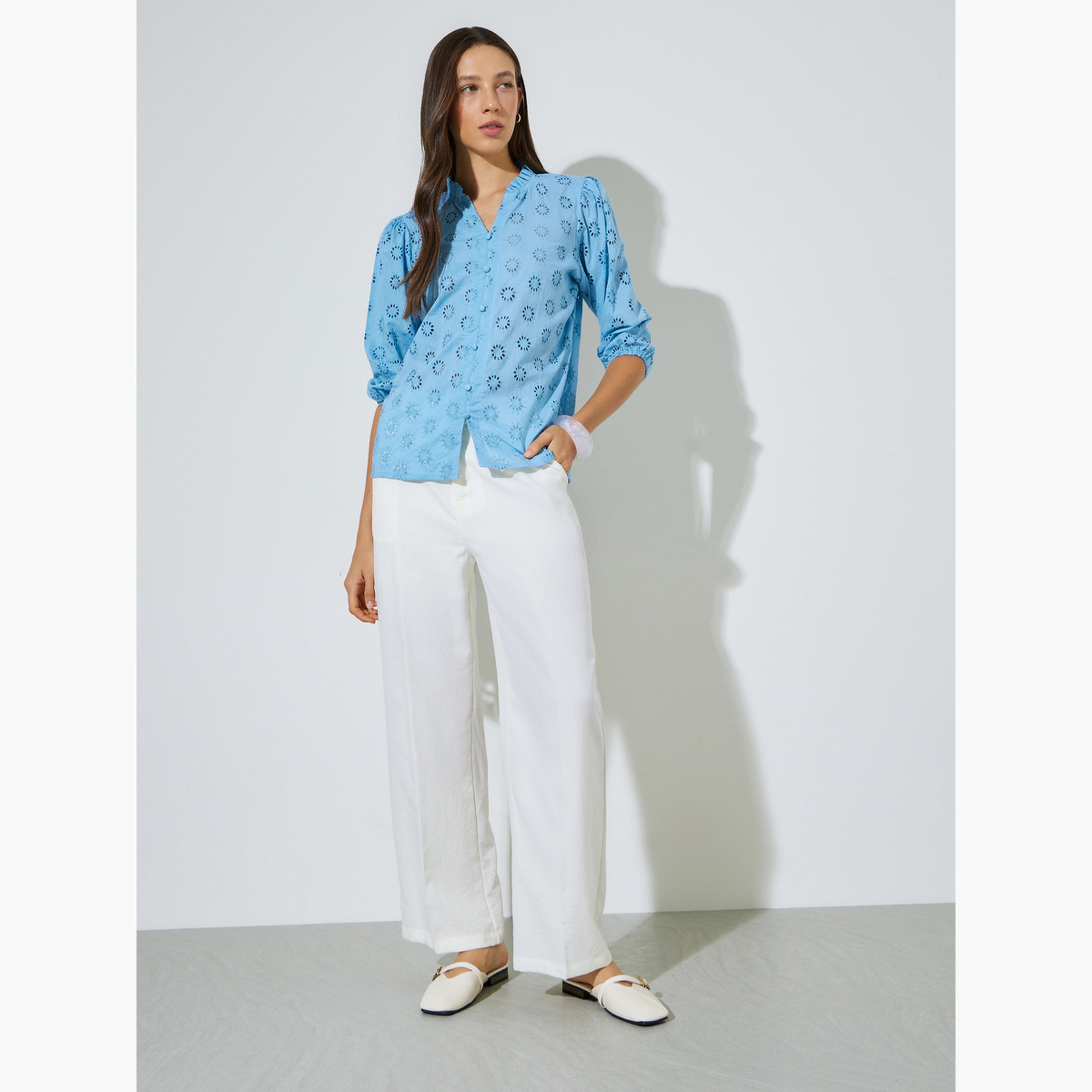 Styli Blue Schiffli Eyelet Cotton Blouse-women-clothing-shirtsandblouses-blouses-image-2