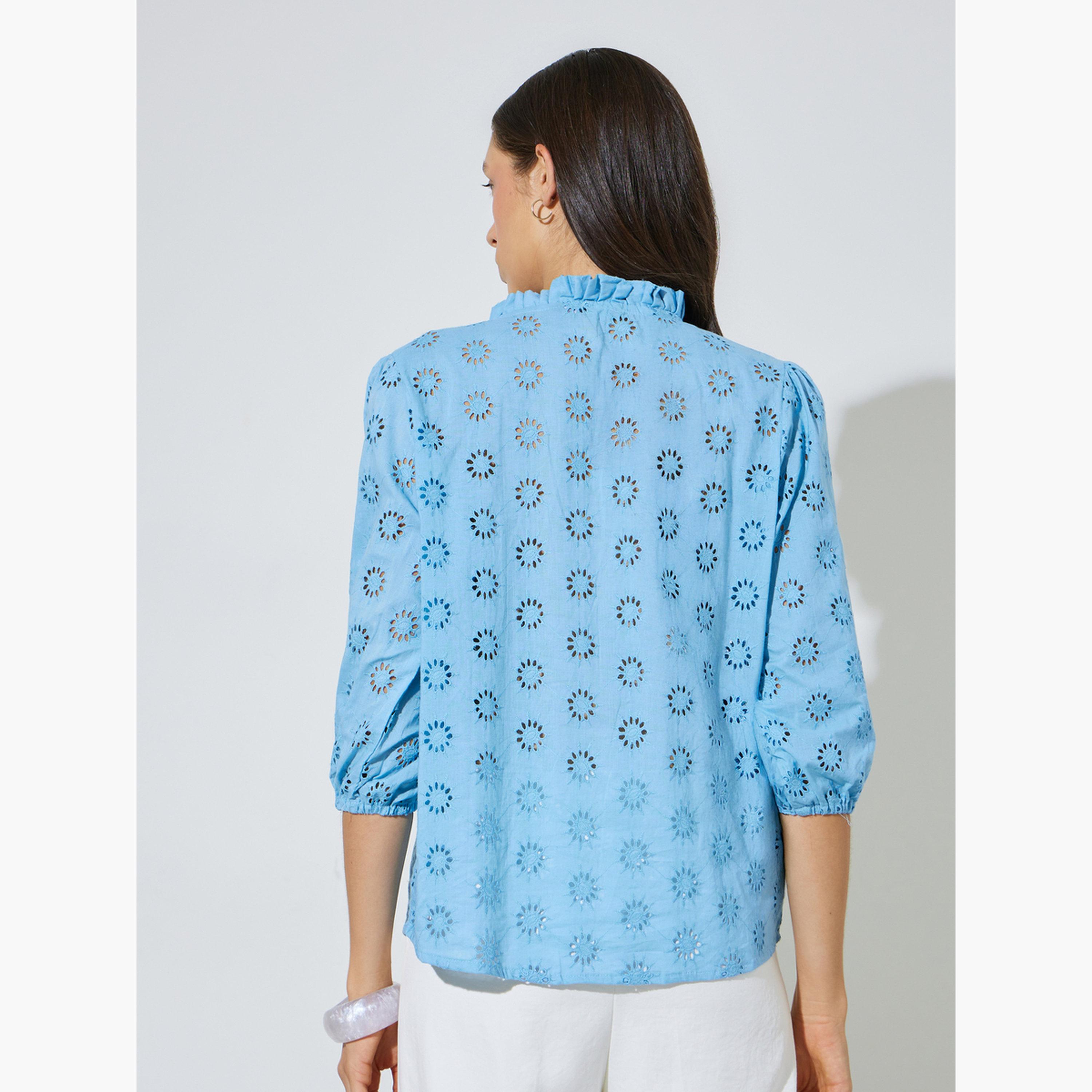 Styli Blue Schiffli Eyelet Cotton Blouse-women-clothing-shirtsandblouses-blouses-image-3