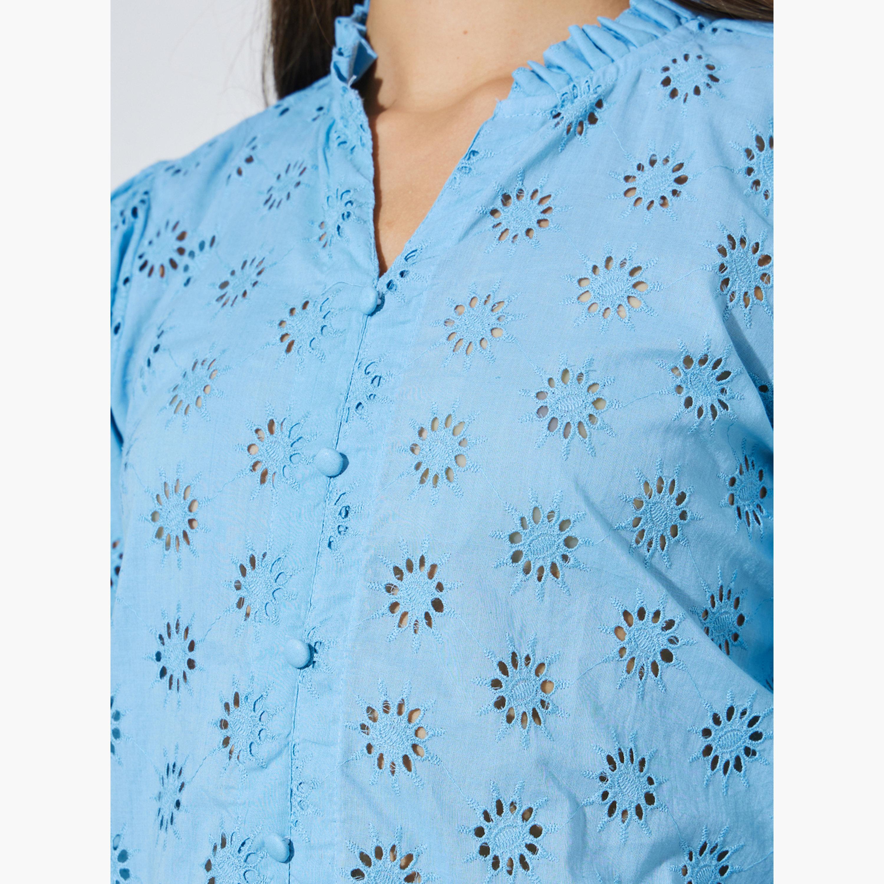 Styli Blue Schiffli Eyelet Cotton Blouse-women-clothing-shirtsandblouses-blouses-image-4