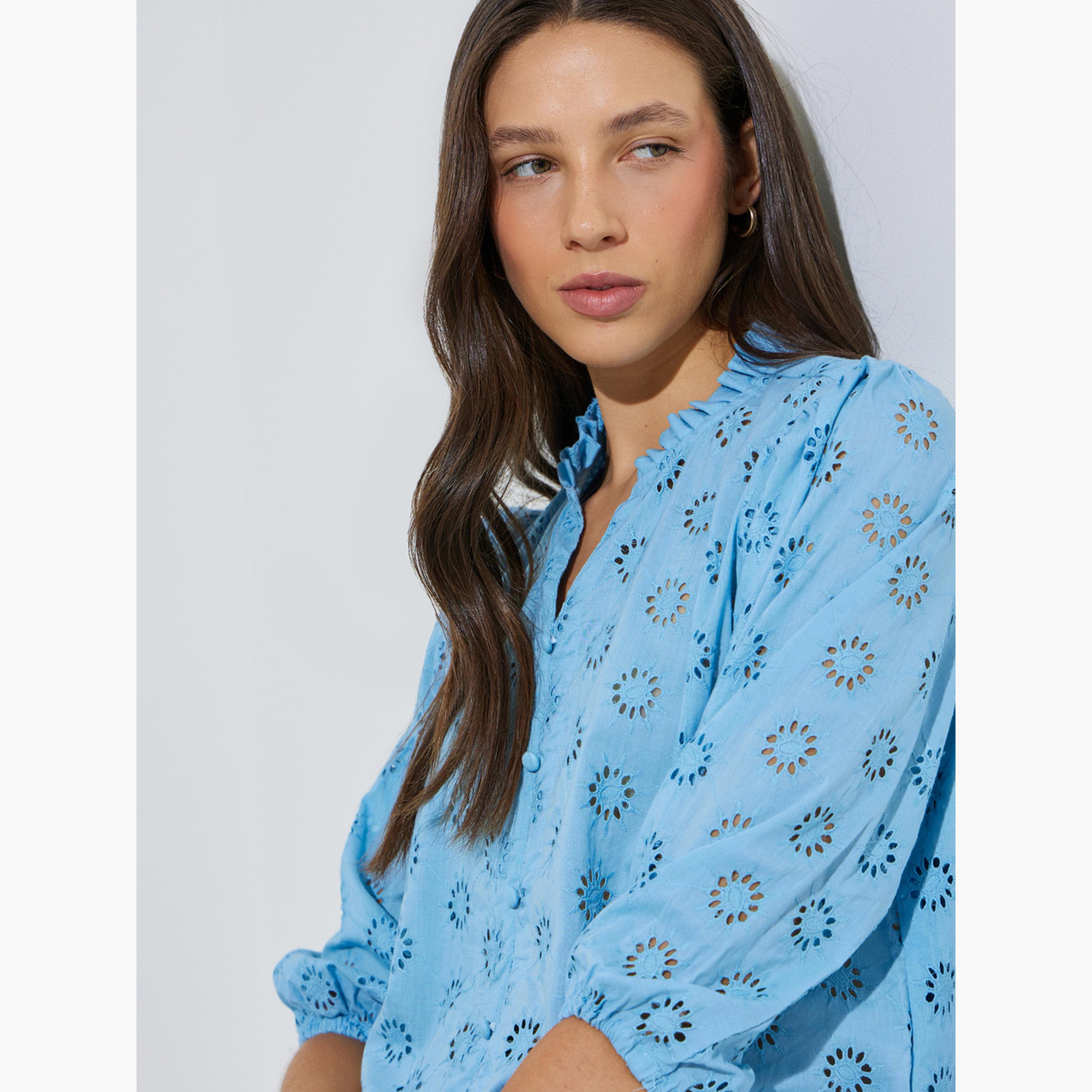 Styli Blue Schiffli Eyelet Cotton Blouse-women-clothing-shirtsandblouses-blouses-image-5