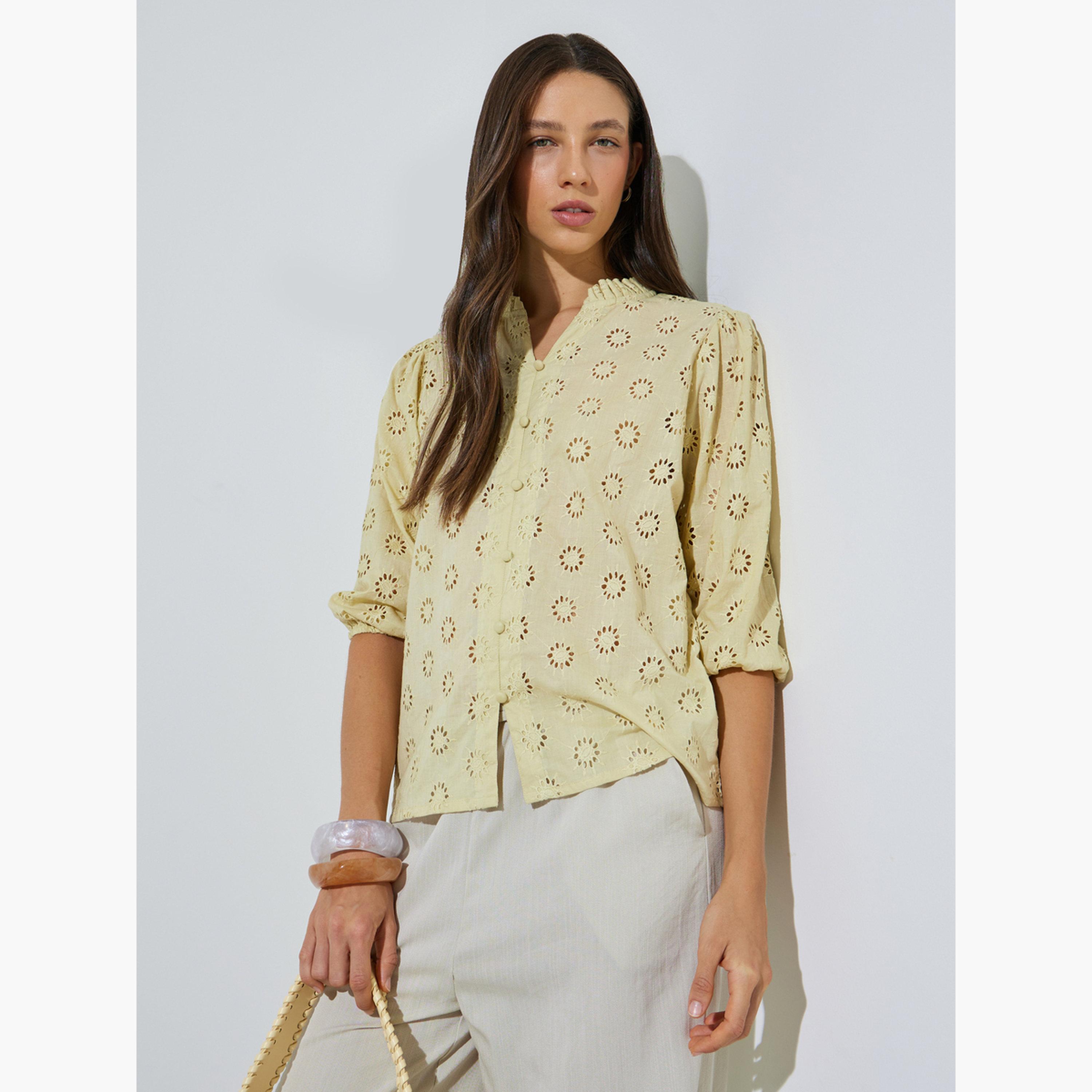 Styli Yellow Schiffli Eyelet Cotton Blouse-women-clothing-shirtsandblouses-blouses-image-1