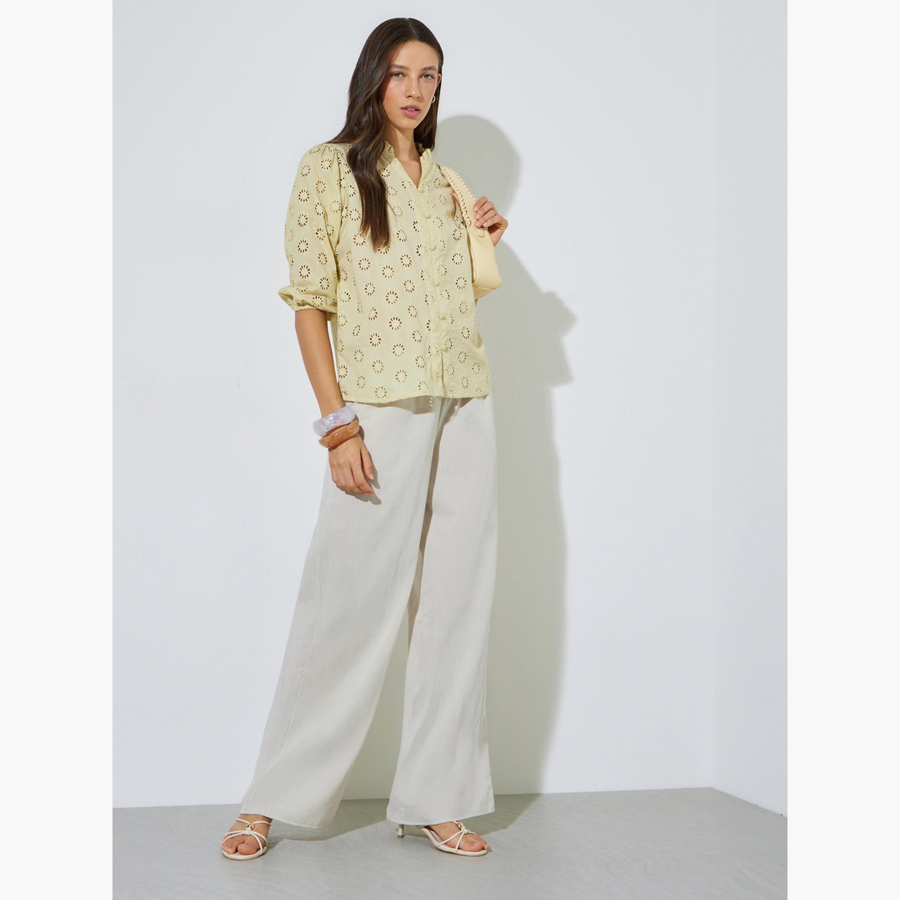 Styli Yellow Schiffli Eyelet Cotton Blouse-women-clothing-shirtsandblouses-blouses-image-2