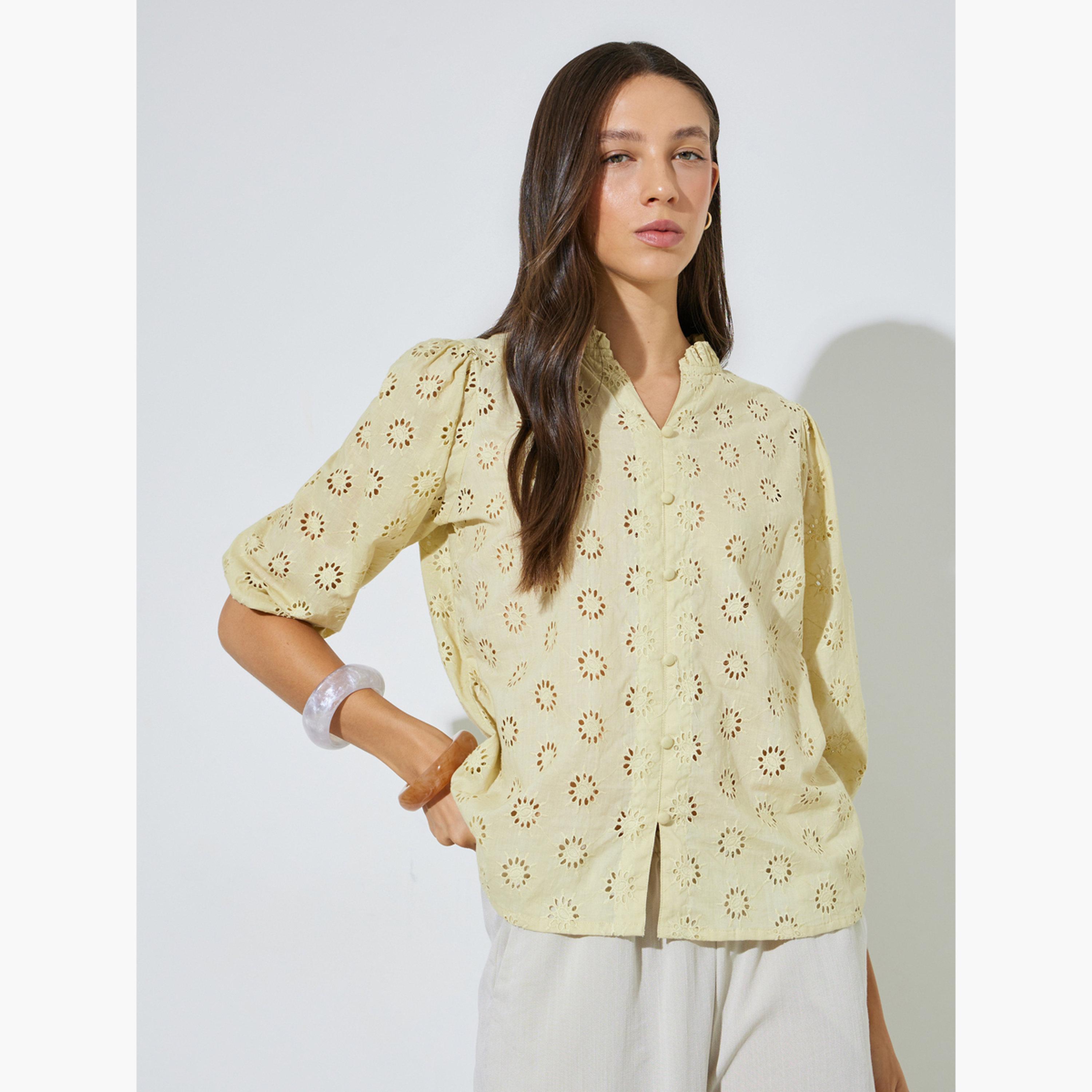 Styli Yellow Schiffli Eyelet Cotton Blouse-women-clothing-shirtsandblouses-blouses-image-3