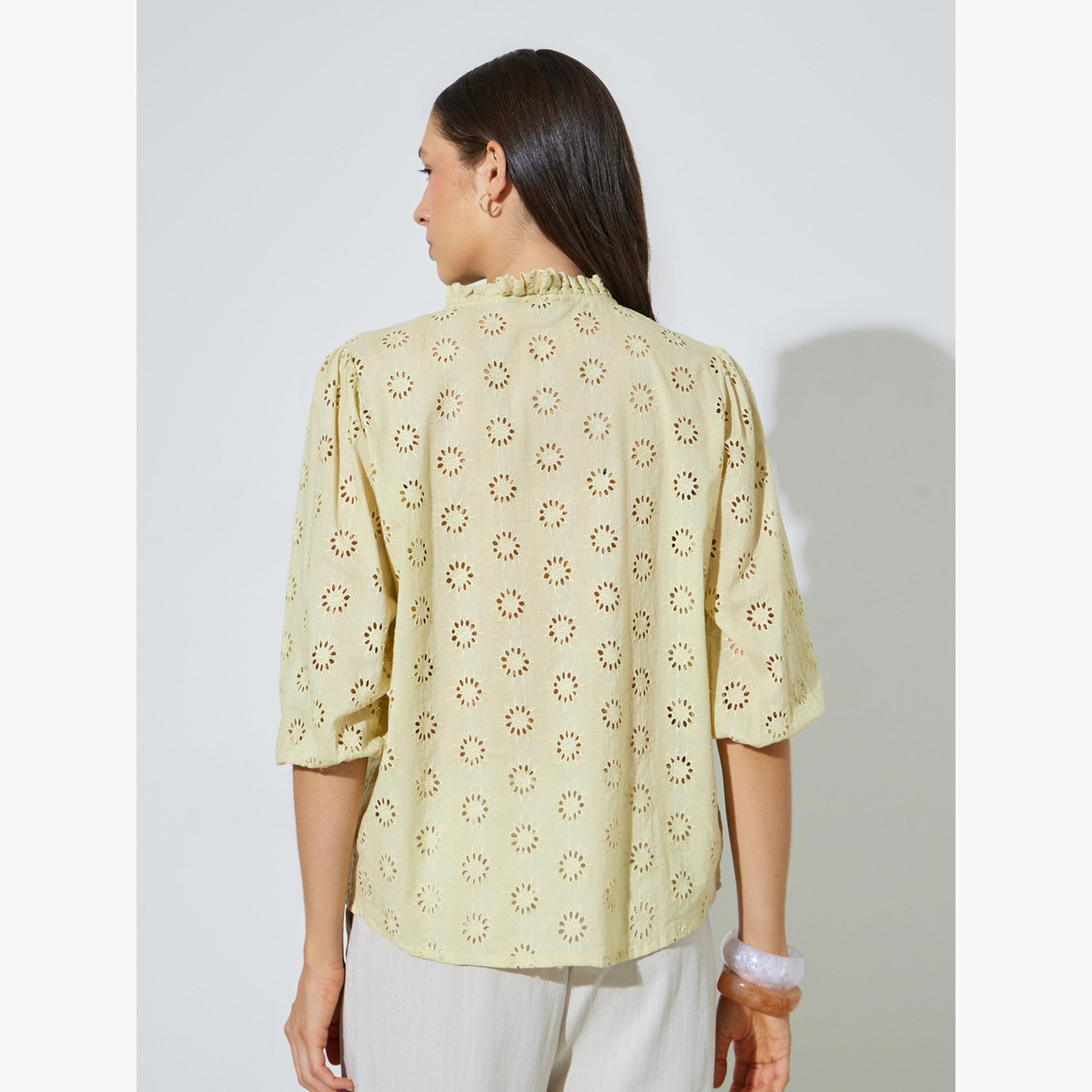 Styli Yellow Schiffli Eyelet Cotton Blouse-women-clothing-shirtsandblouses-blouses-image-4