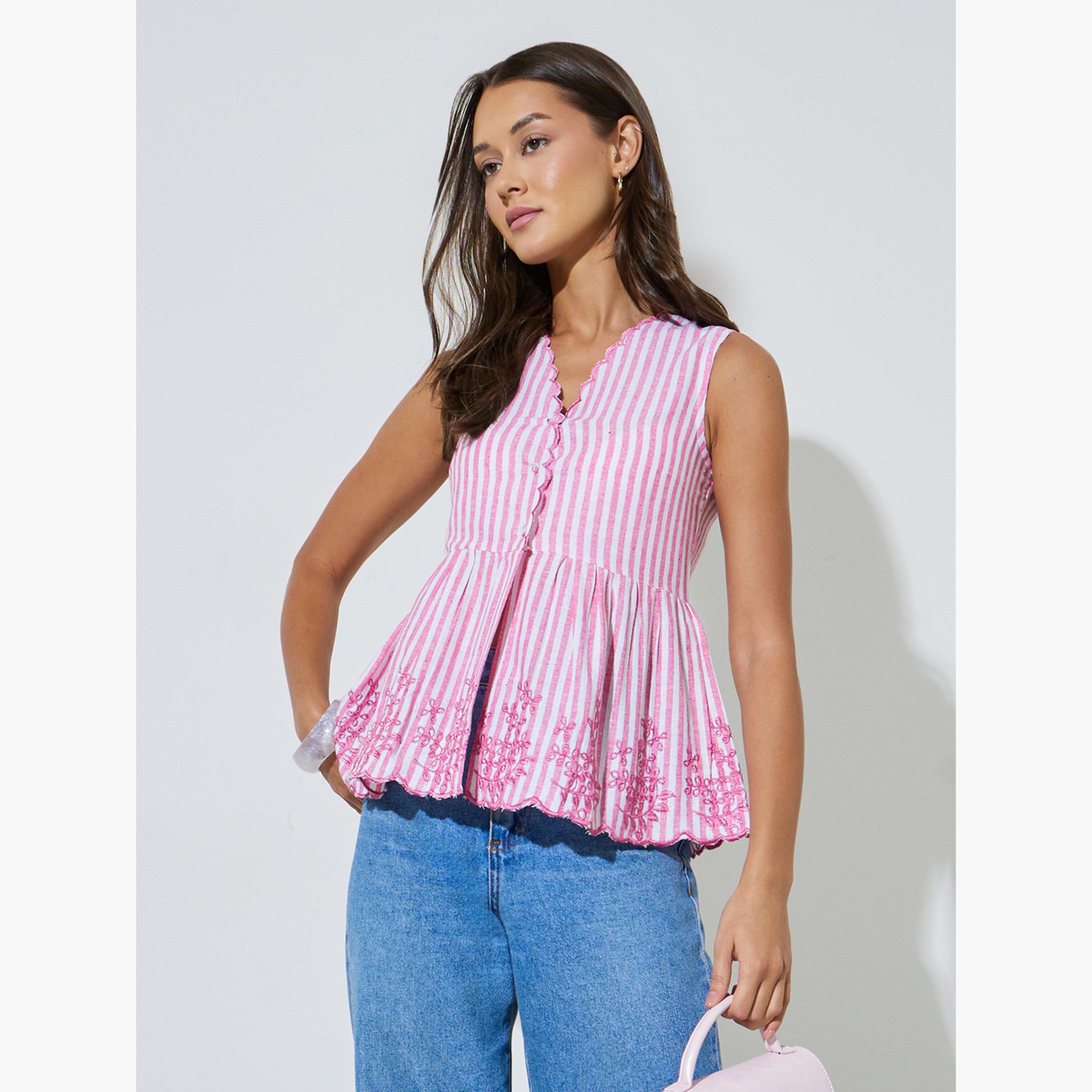 Styli Pink Striped Embroidered Sleeveless Peplum Top-women-clothing-shirtsandblouses-blouses-image-1