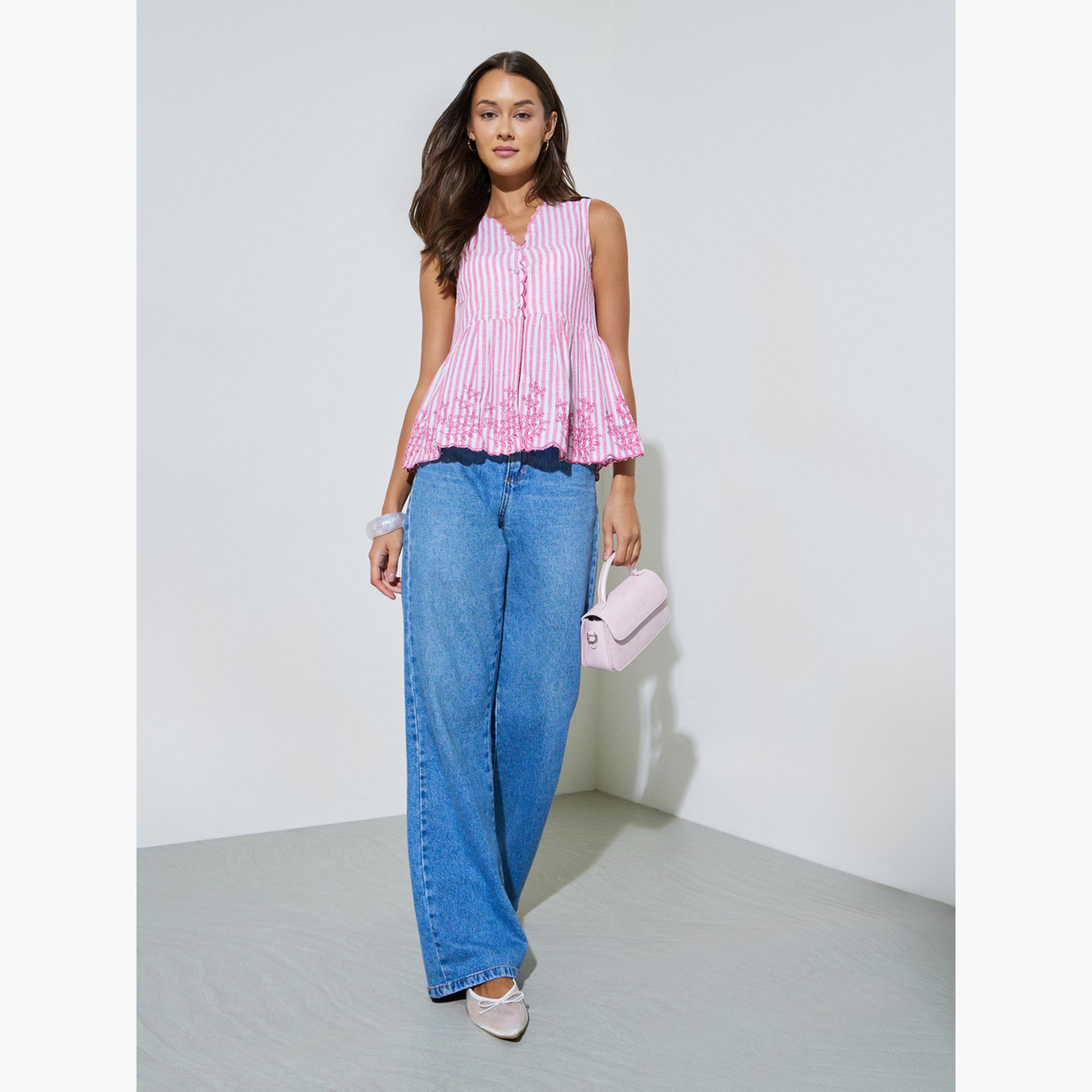 Styli Pink Striped Embroidered Sleeveless Peplum Top-women-clothing-shirtsandblouses-blouses-image-2