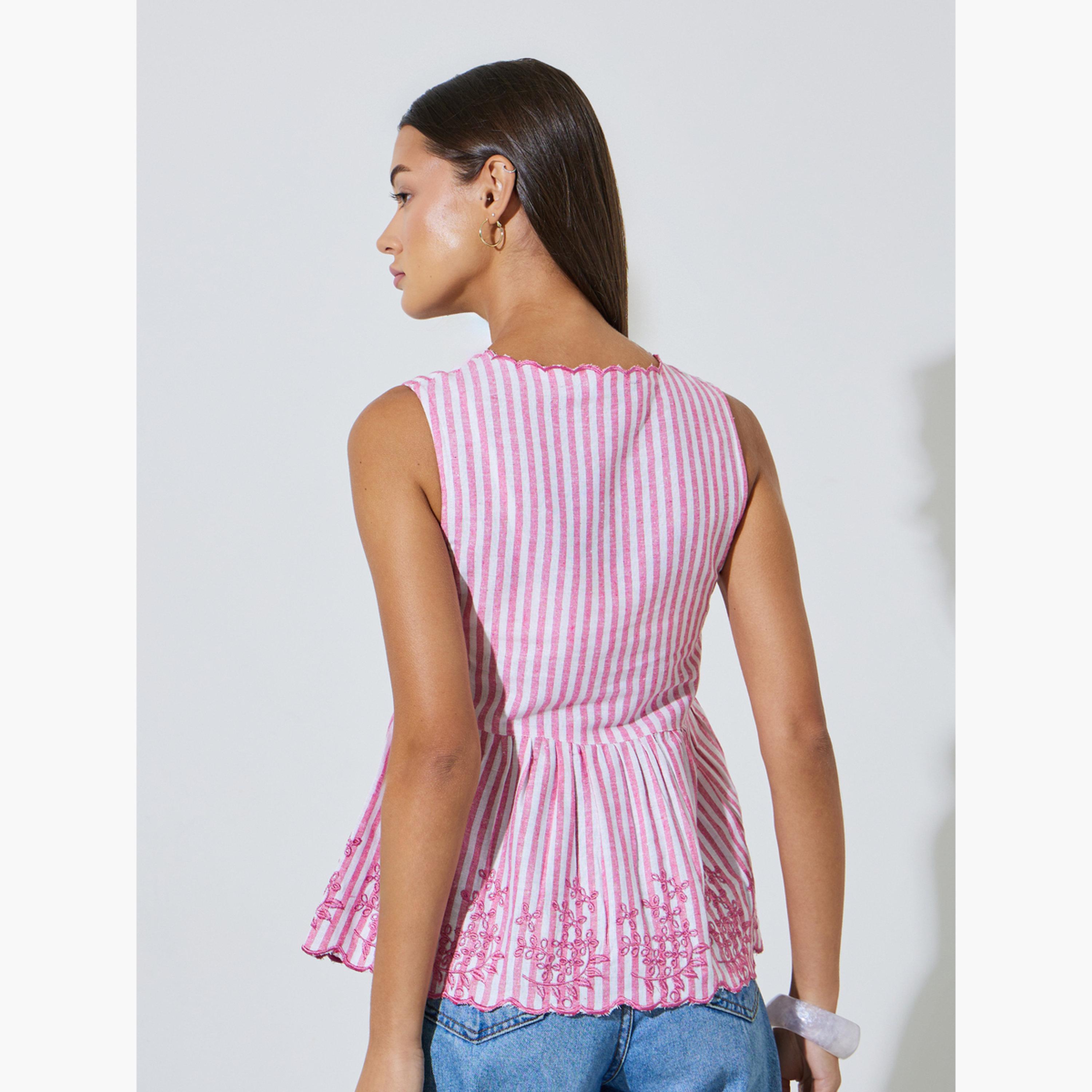 Styli Pink Striped Embroidered Sleeveless Peplum Top-women-clothing-shirtsandblouses-blouses-image-3
