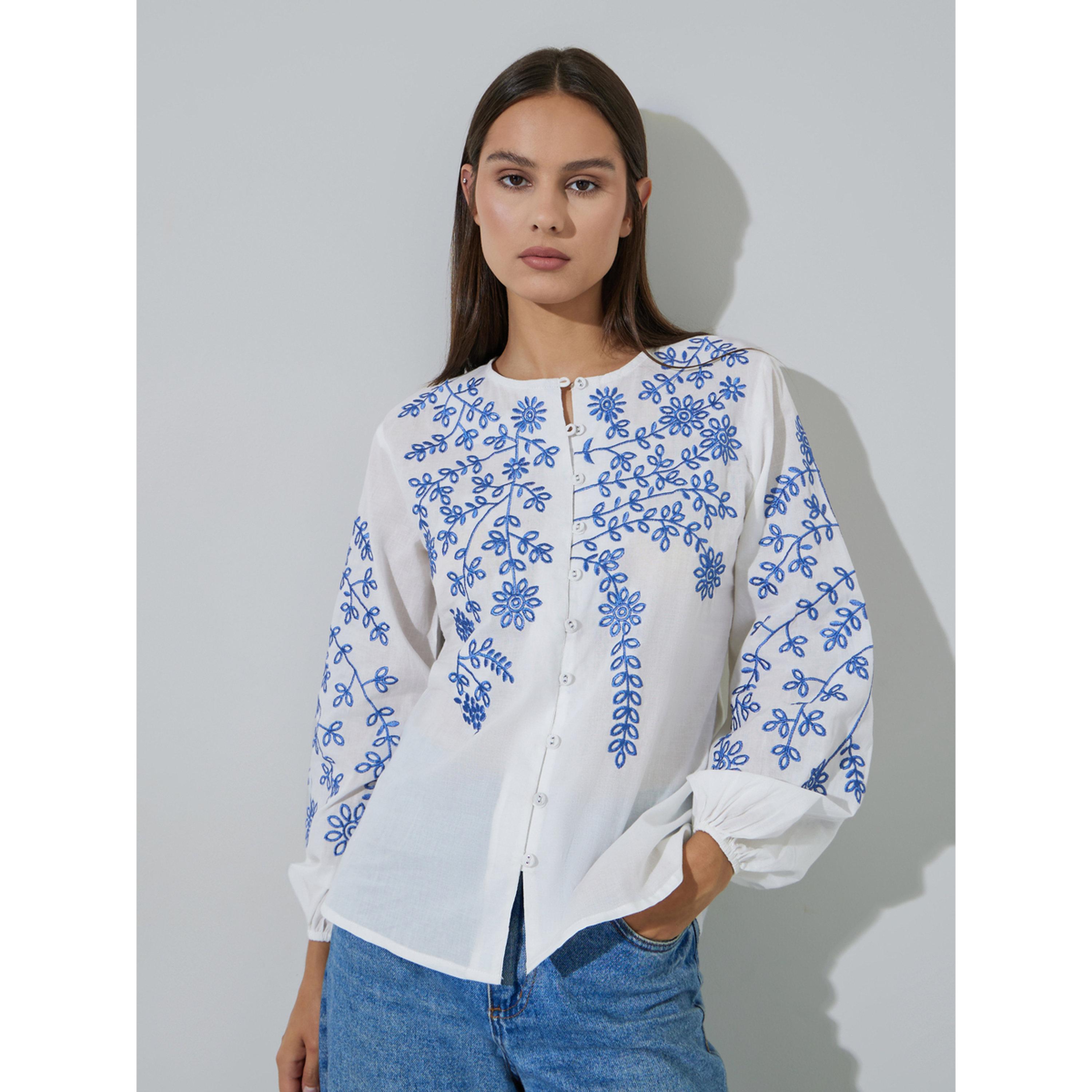 Styli Off White Embroidered Round Neck Relaxed Fit Shirt-women-clothing-shirtsandblouses-shirts-image-1