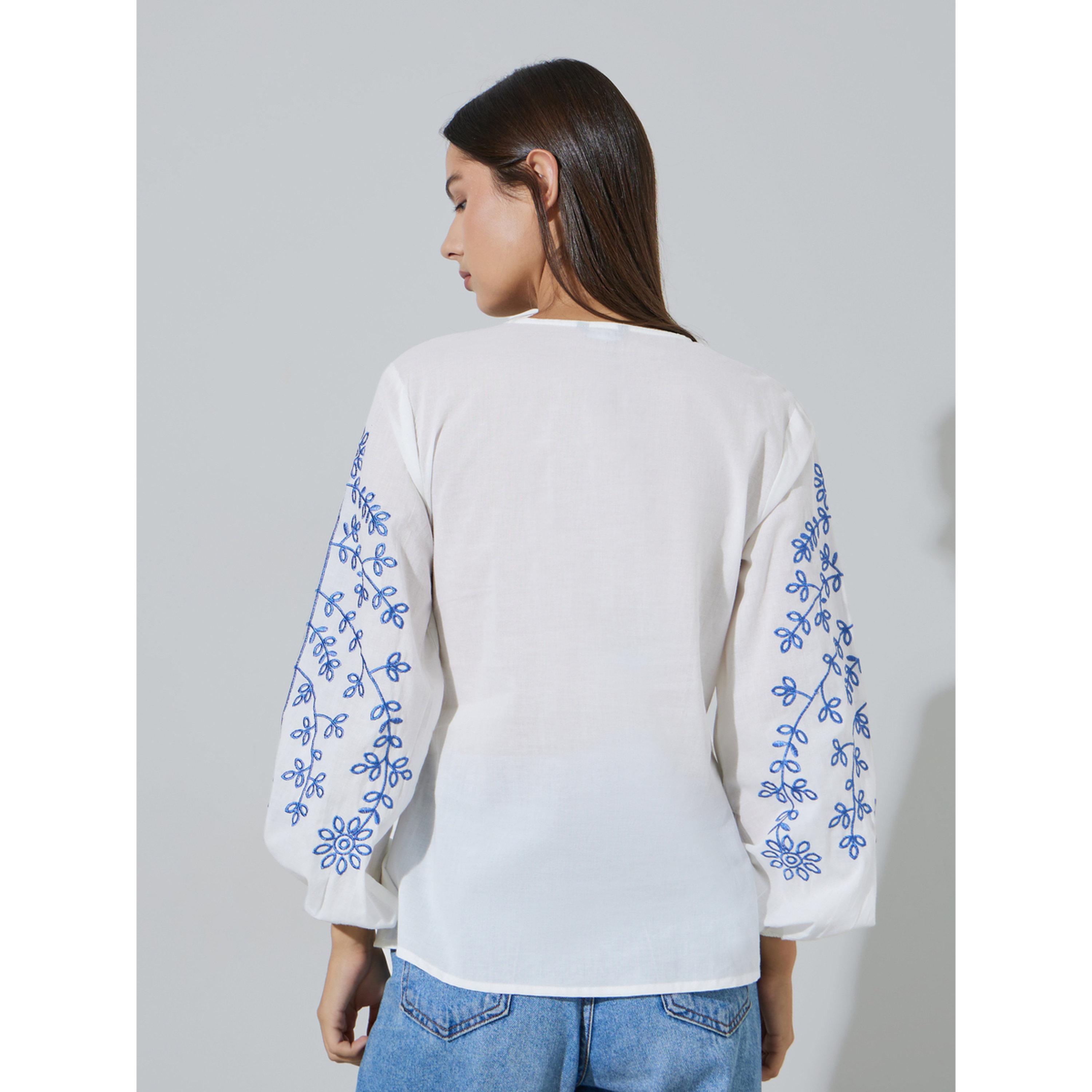 Styli Off White Embroidered Round Neck Relaxed Fit Shirt-women-clothing-shirtsandblouses-shirts-image-3