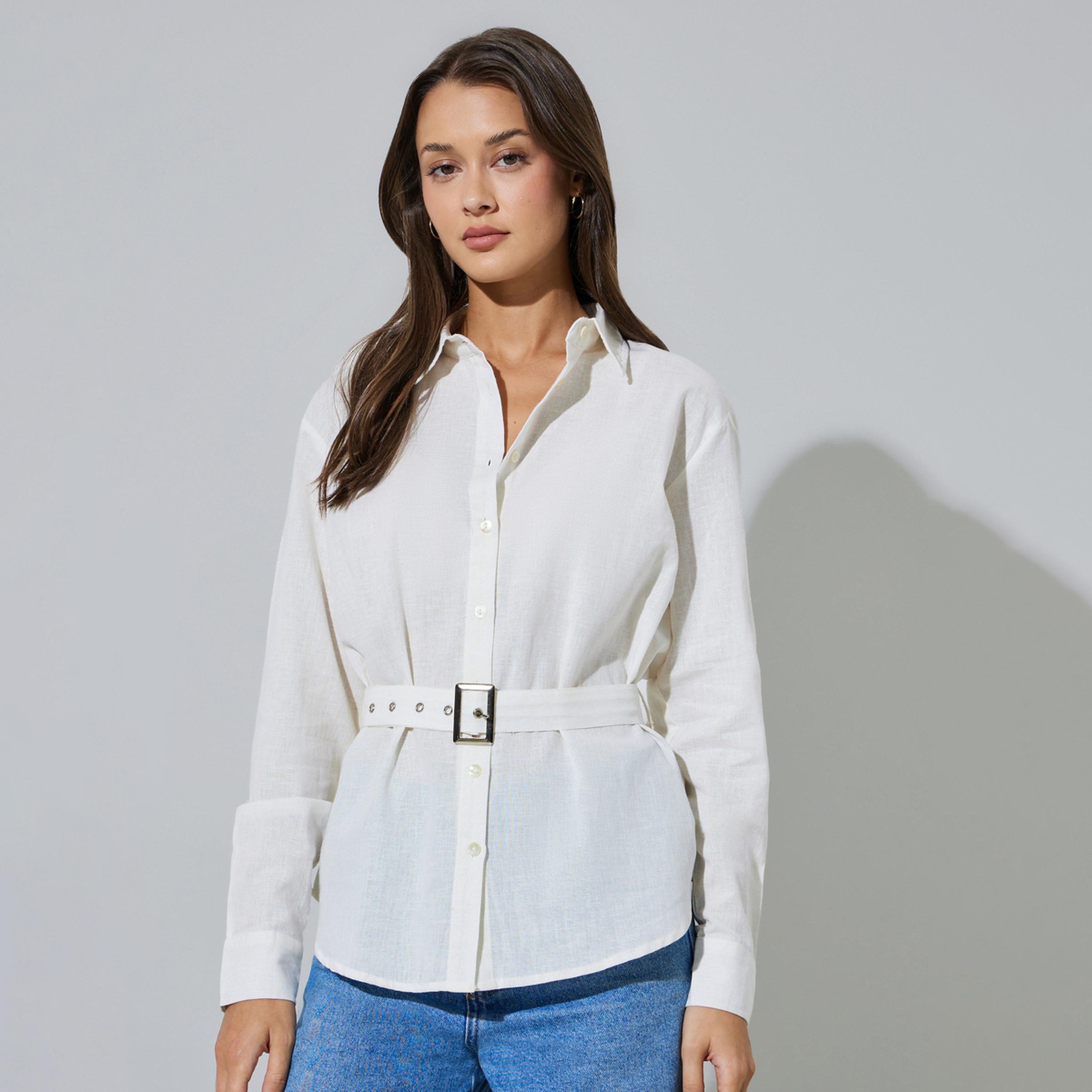 قميص واسع بأكمام طويلة وحزام قماش بلون سادة لون أوف وايت-women-clothing-shirtsandblouses-shirts-image-1
