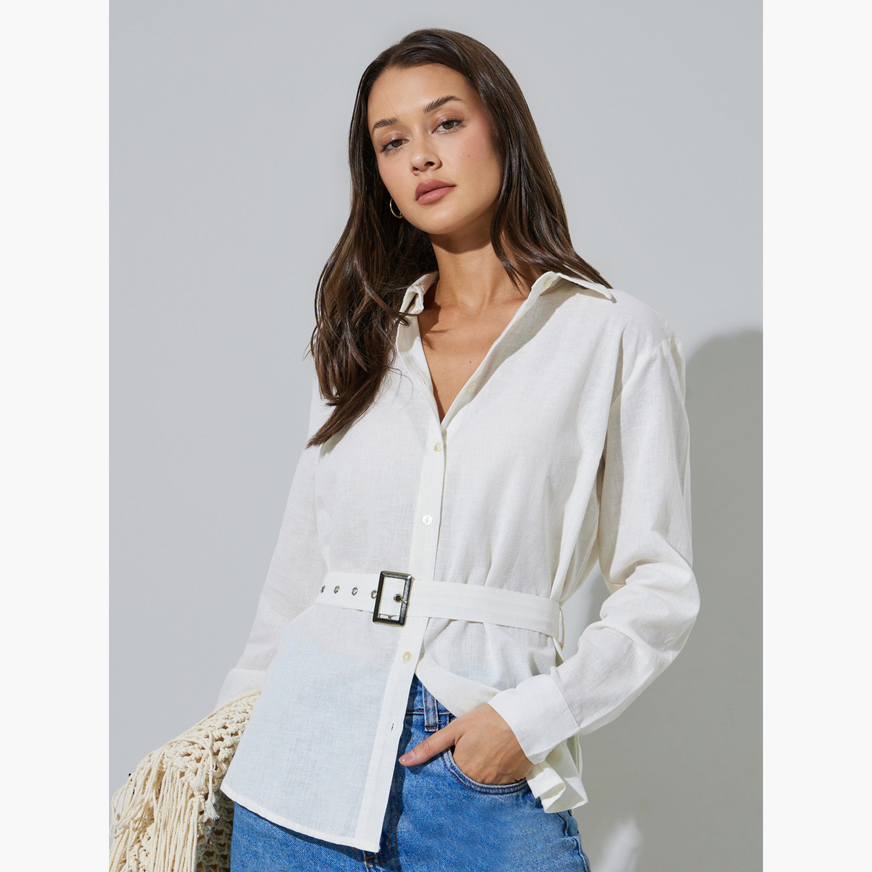 قميص واسع بأكمام طويلة وحزام قماش بلون سادة لون أوف وايت-women-clothing-shirtsandblouses-shirts-image-3