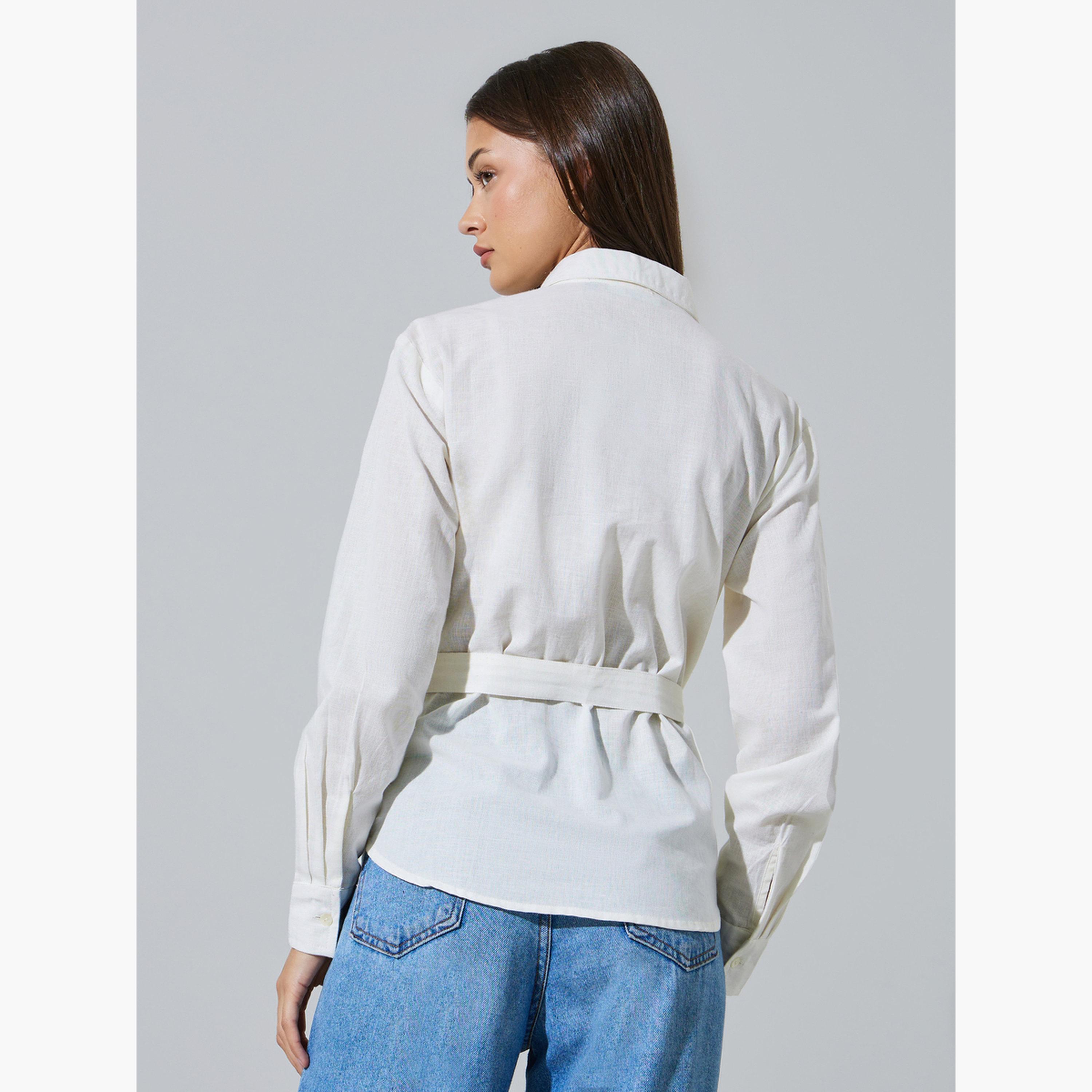 قميص واسع بأكمام طويلة وحزام قماش بلون سادة لون أوف وايت-women-clothing-shirtsandblouses-shirts-image-4