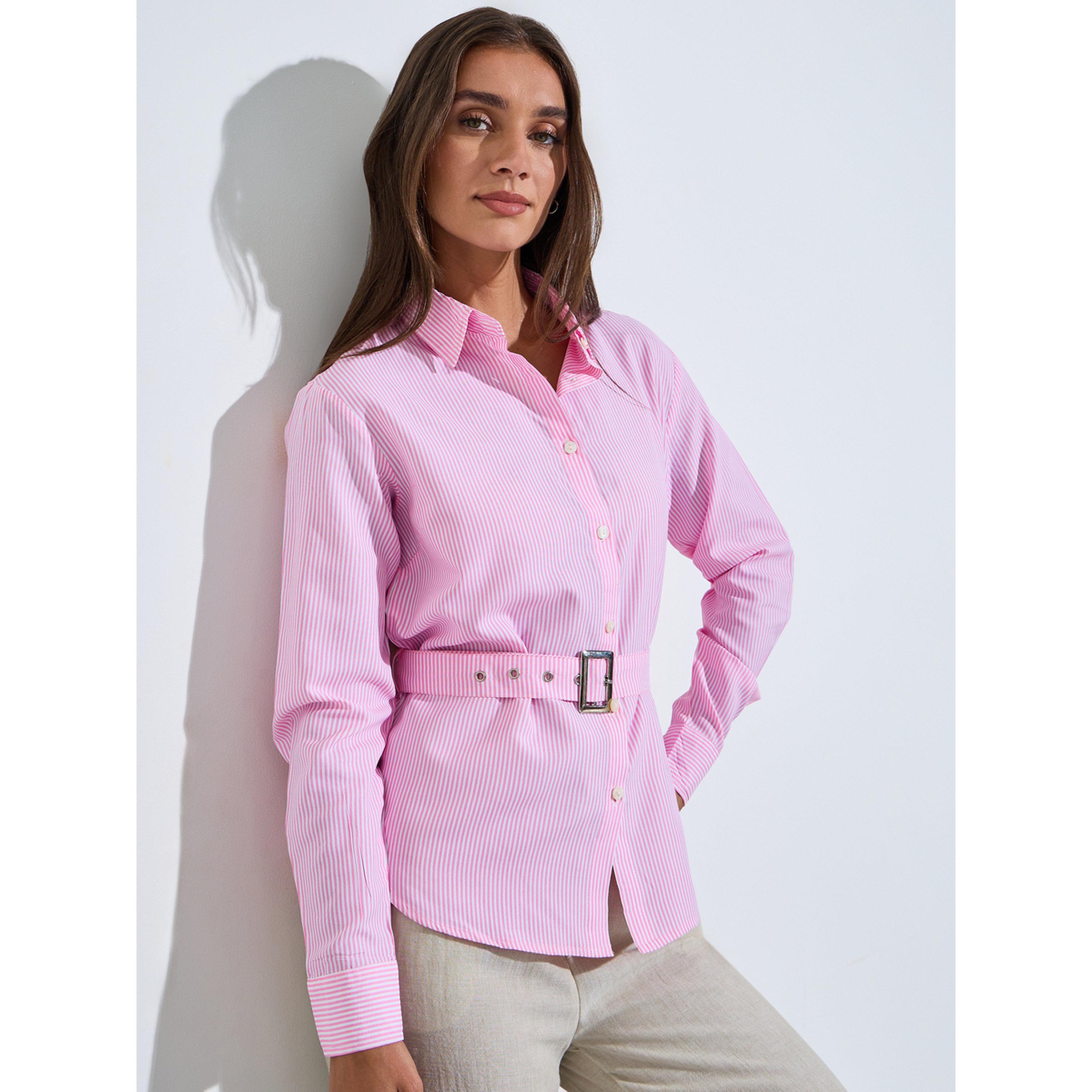 Styli Pink Striped Long Sleeves Belted Shirt-women-clothing-shirtsandblouses-shirts-image-1