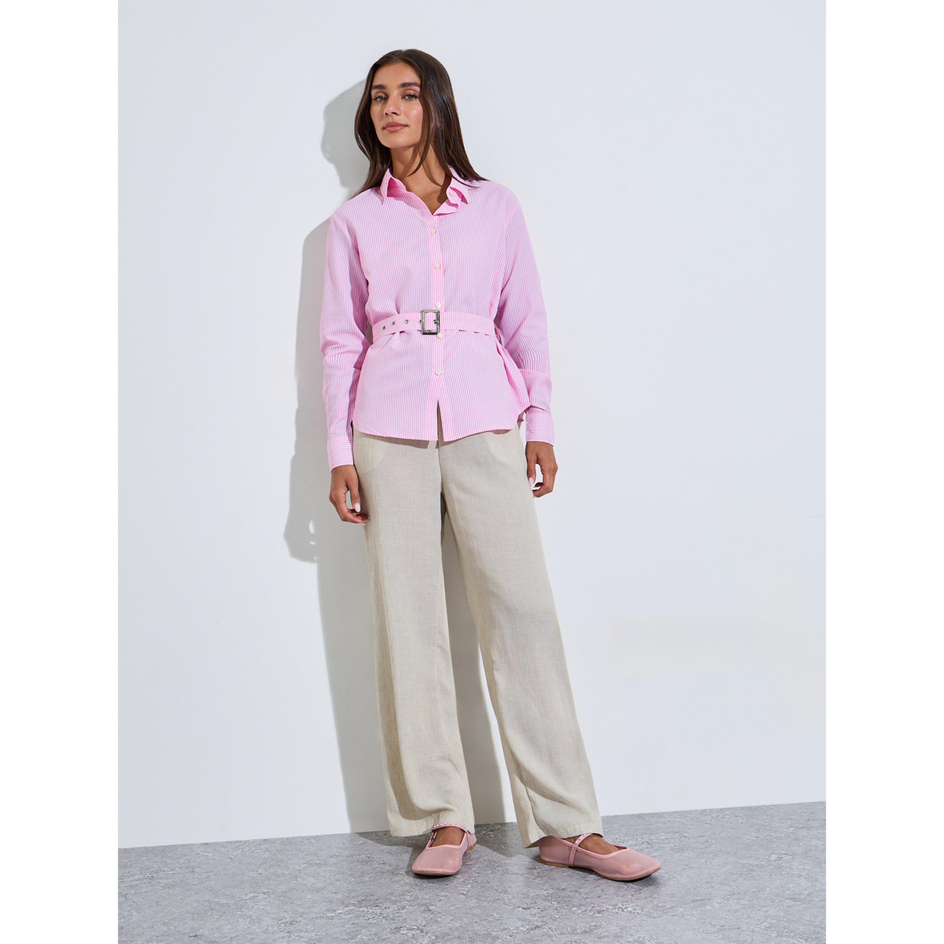 Styli Pink Striped Long Sleeves Belted Shirt-women-clothing-shirtsandblouses-shirts-image-2