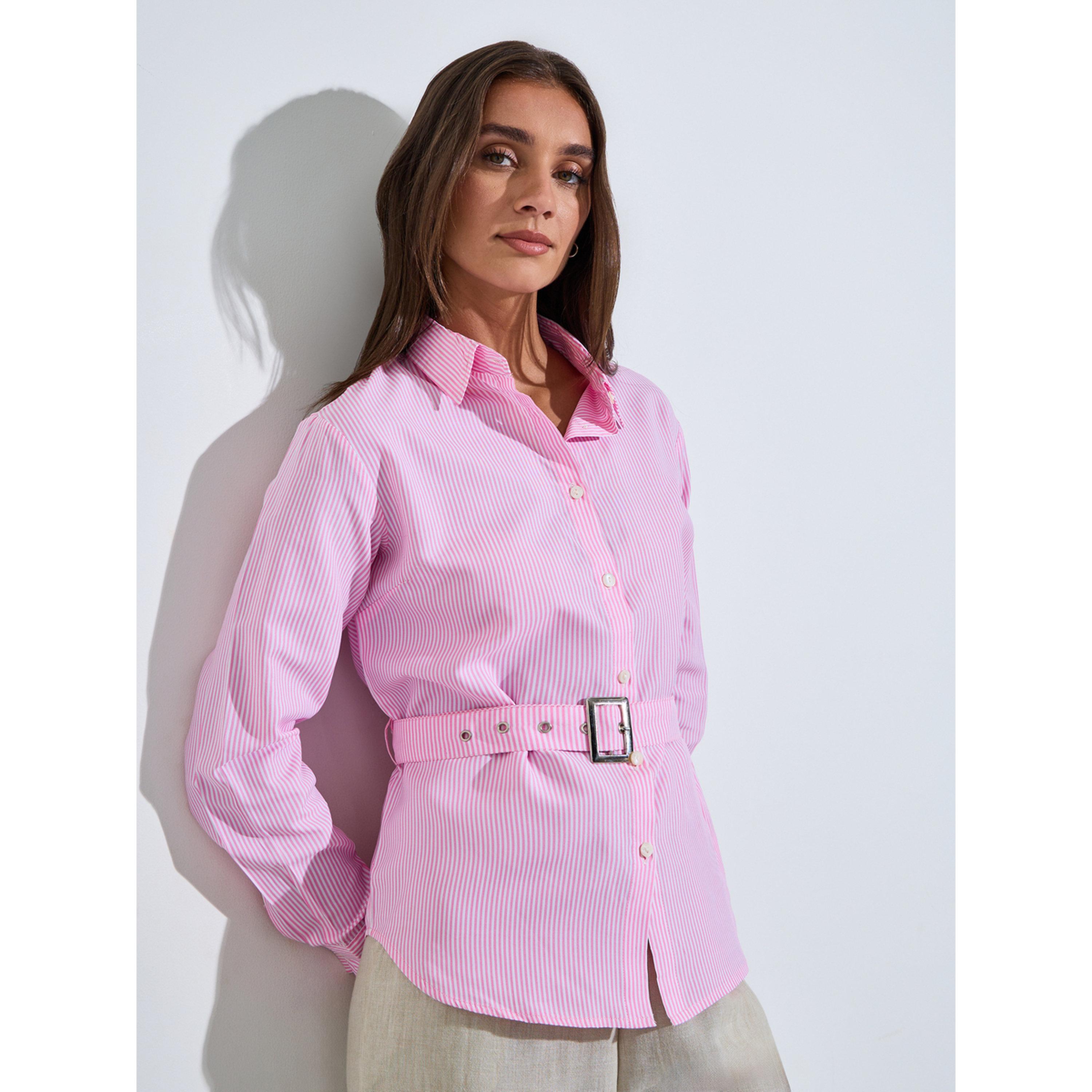 Styli Pink Striped Long Sleeves Belted Shirt-women-clothing-shirtsandblouses-shirts-image-3
