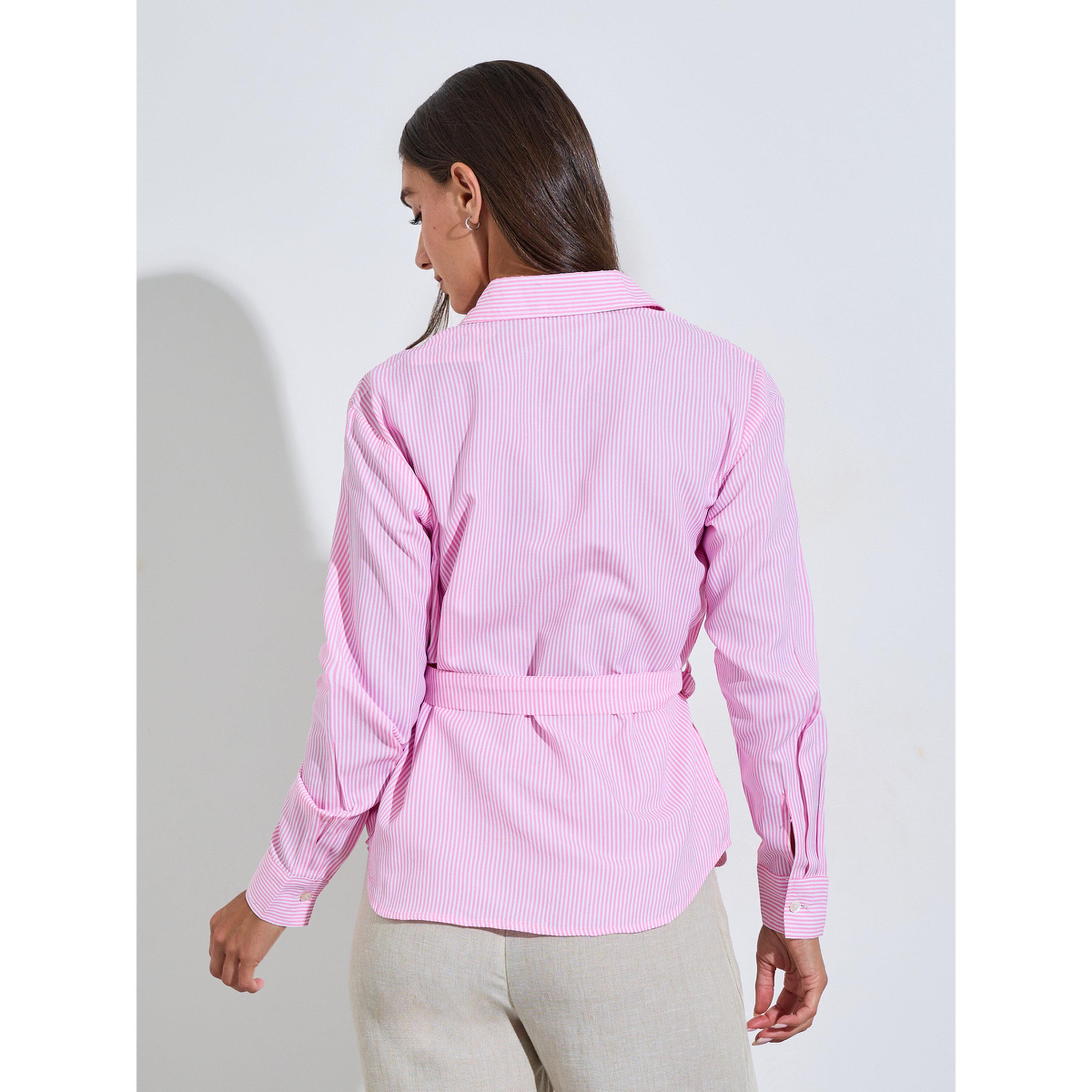 Styli Pink Striped Long Sleeves Belted Shirt-women-clothing-shirtsandblouses-shirts-image-4