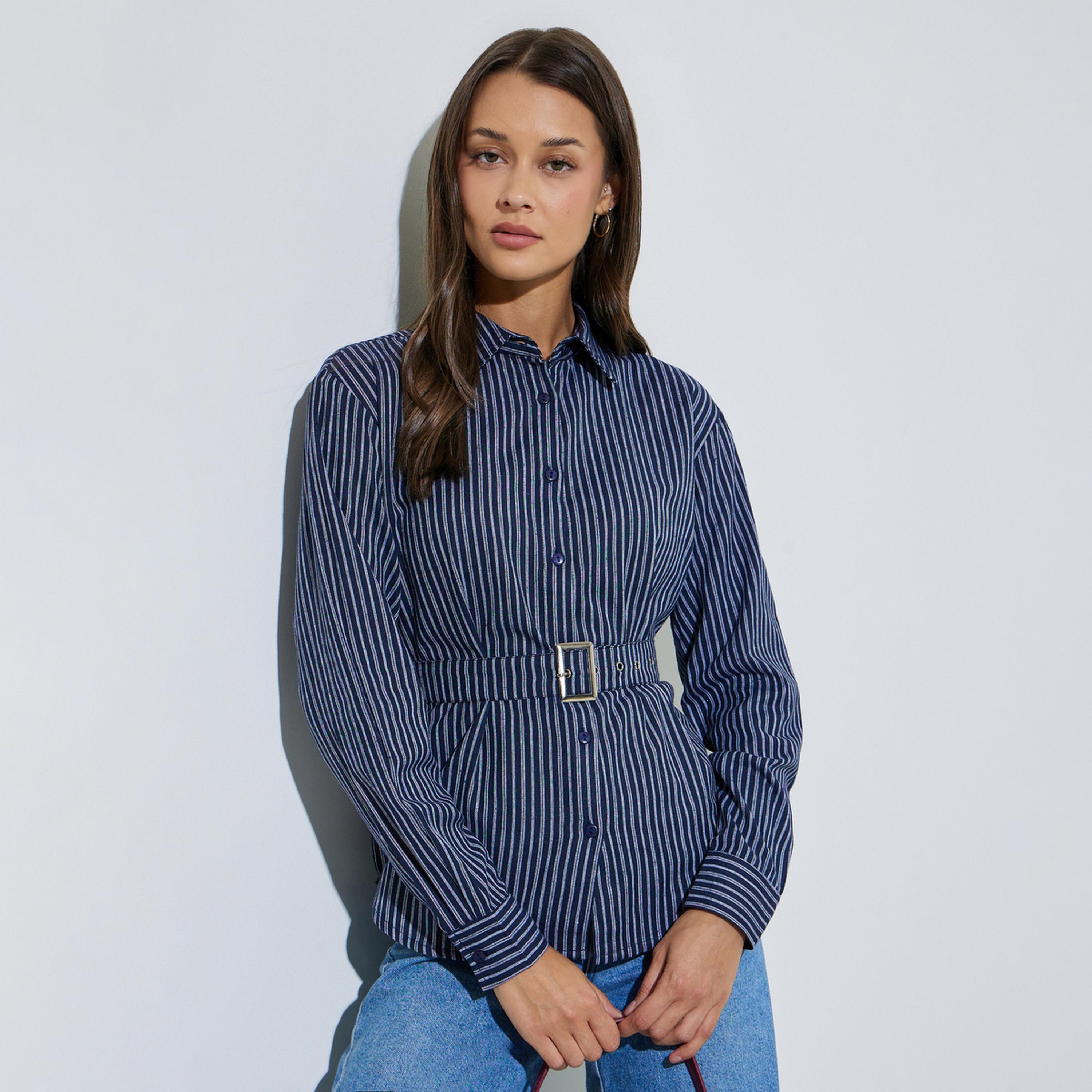 Styli Blue Striped Long Sleeves Belted Shirt-women-clothing-shirtsandblouses-shirts-image-1