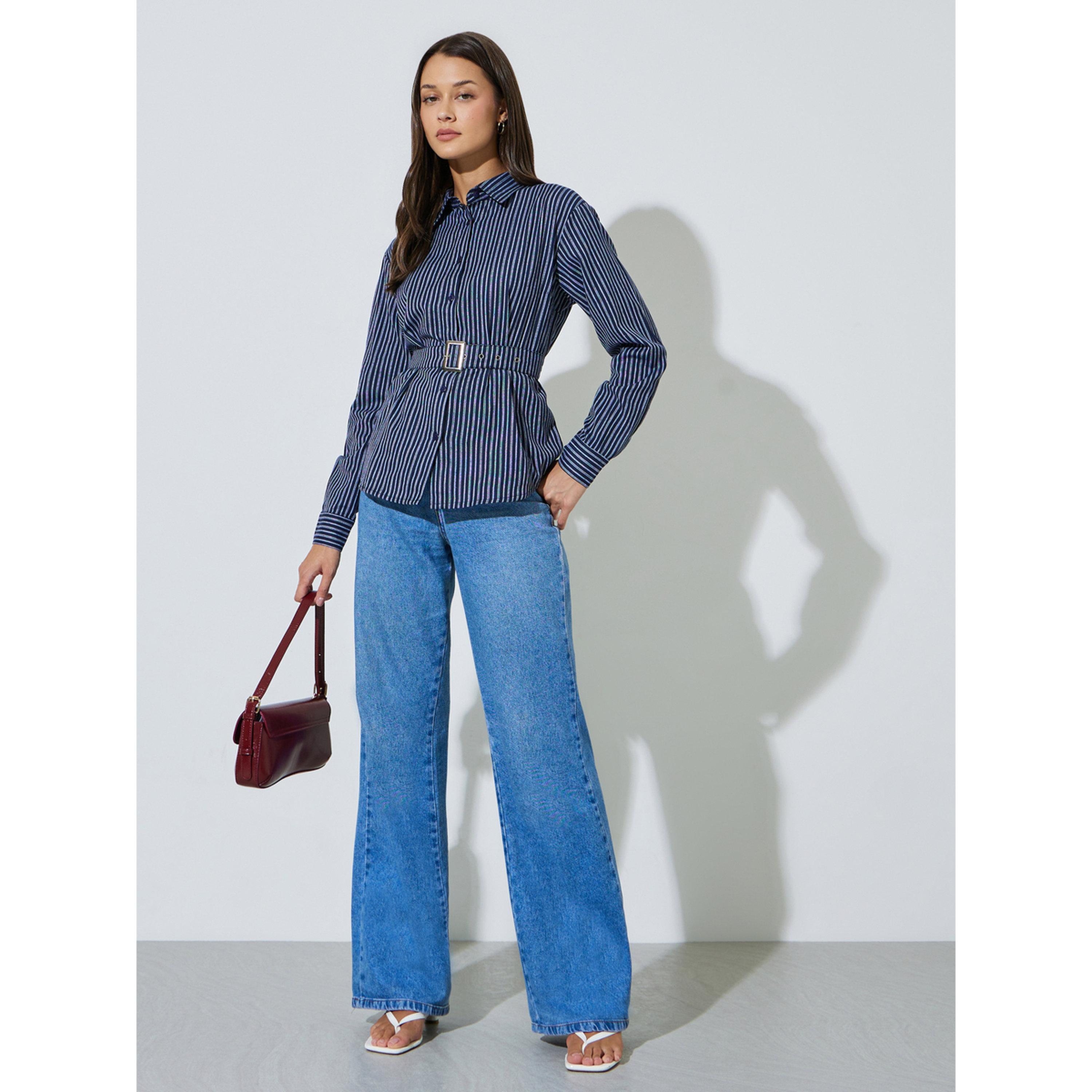 Styli Blue Striped Long Sleeves Belted Shirt-women-clothing-shirtsandblouses-shirts-image-2