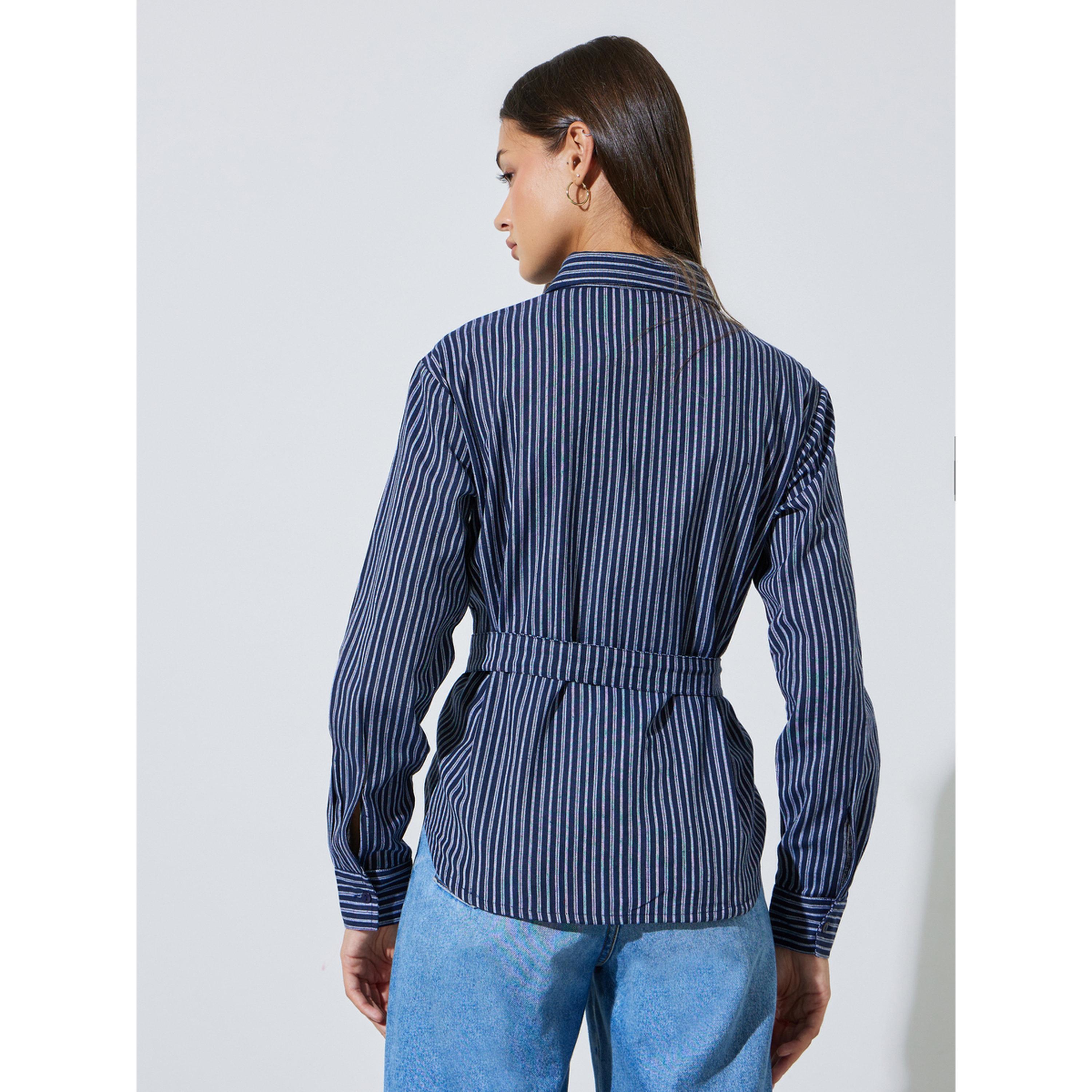 Styli Blue Striped Long Sleeves Belted Shirt-women-clothing-shirtsandblouses-shirts-image-3