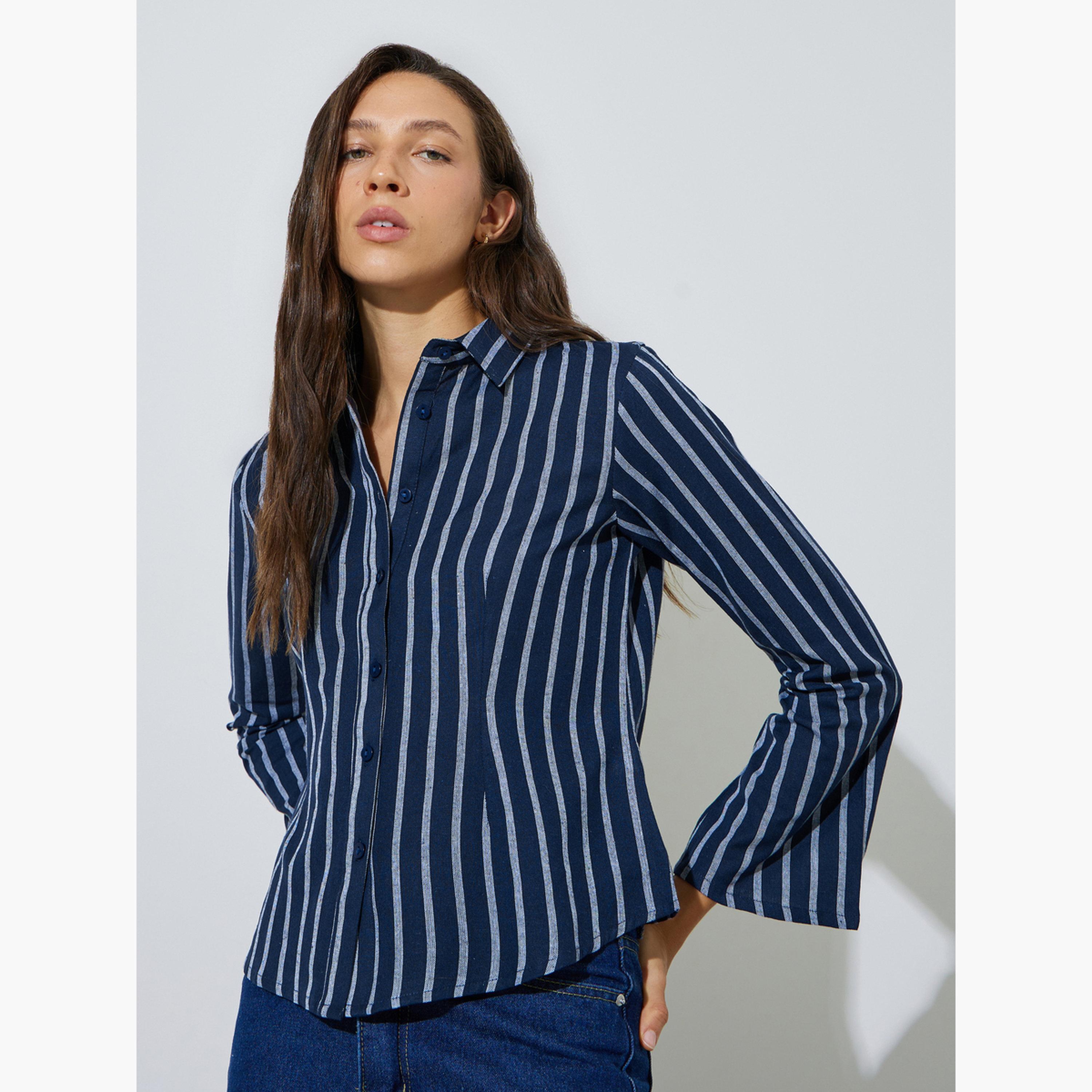 Styli Blue Striped Shirt with Flared Sleeves-women-clothing-shirtsandblouses-shirts-image-1