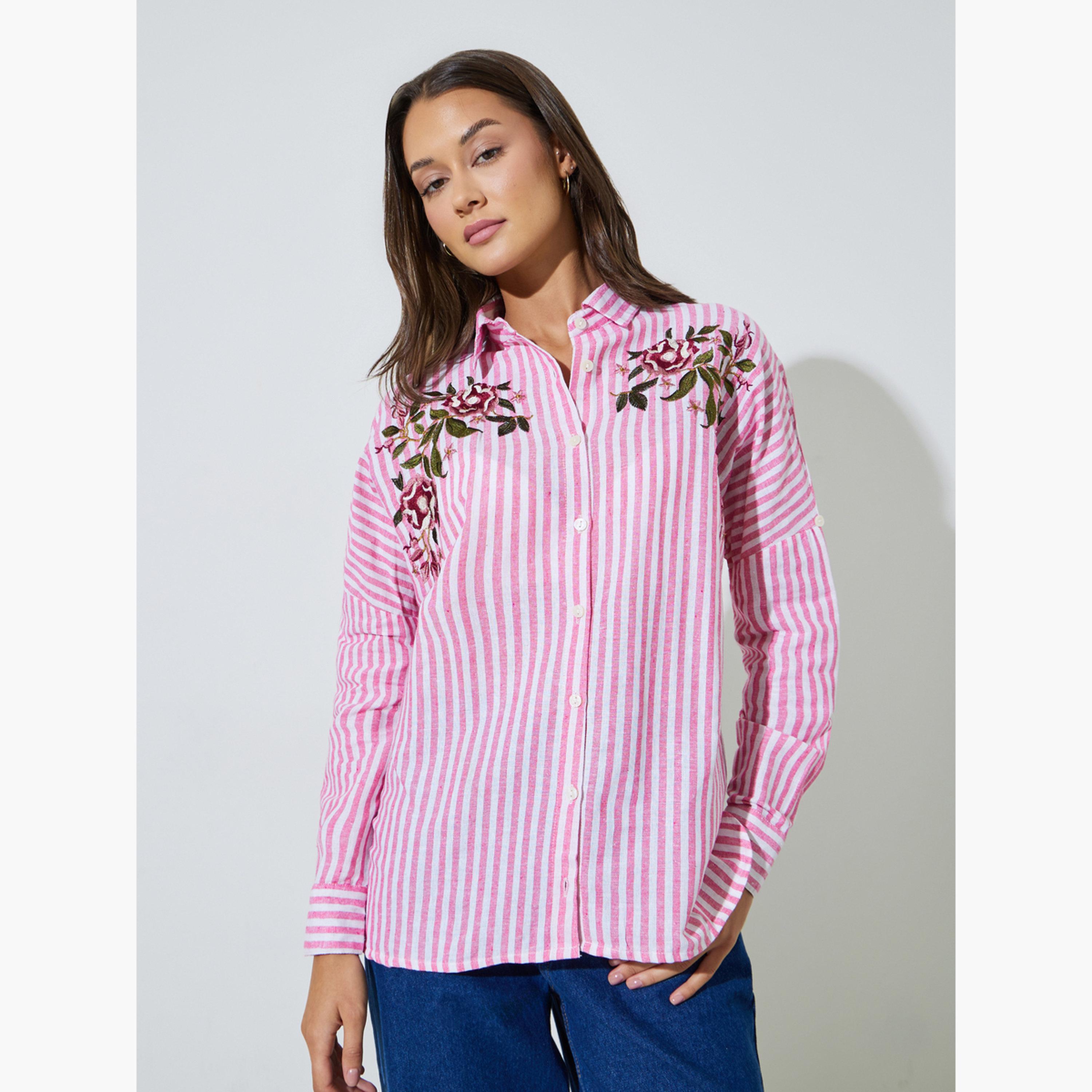 Styli Pink Striped Floral Embroidery Long Sleeve Oversized Shirt-women-clothing-shirtsandblouses-shirts-image-1