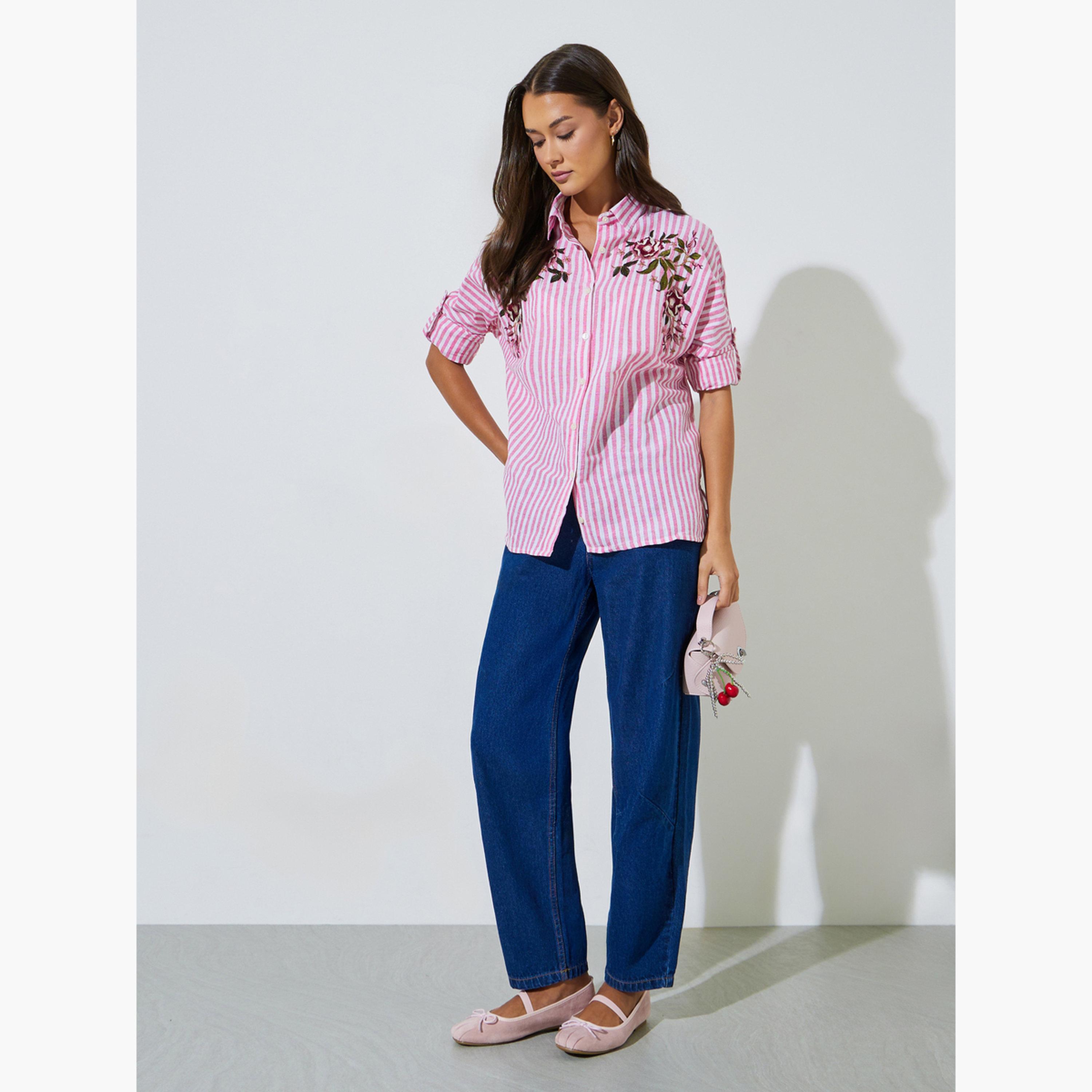 Styli Pink Striped Floral Embroidery Long Sleeve Oversized Shirt-women-clothing-shirtsandblouses-shirts-image-2