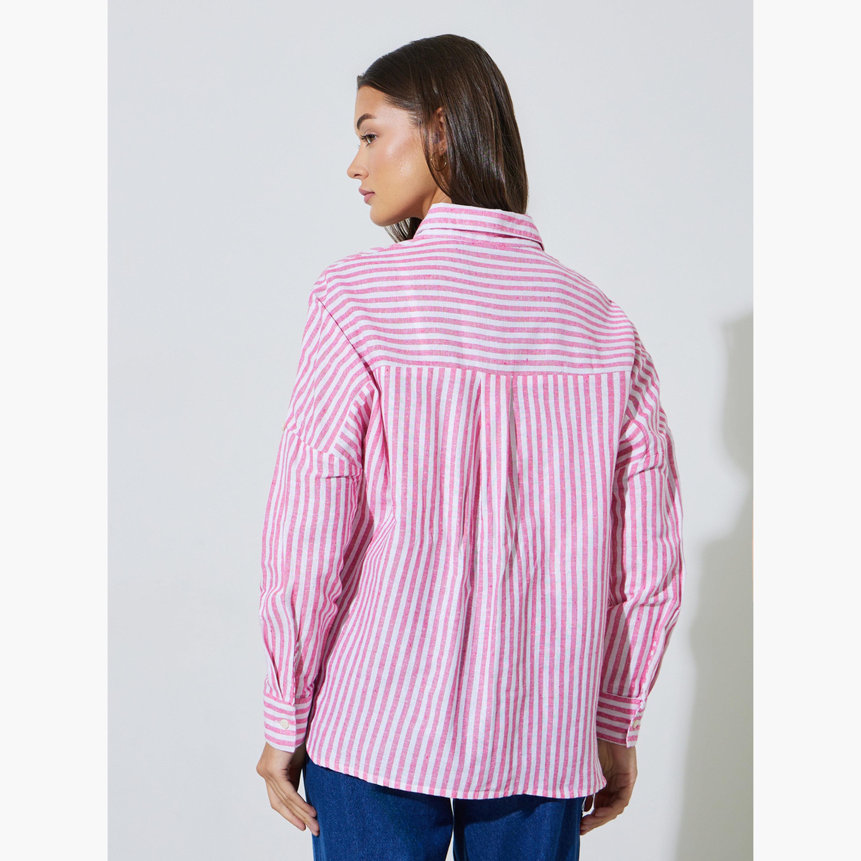 Styli Pink Striped Floral Embroidery Long Sleeve Oversized Shirt-women-clothing-shirtsandblouses-shirts-image-4