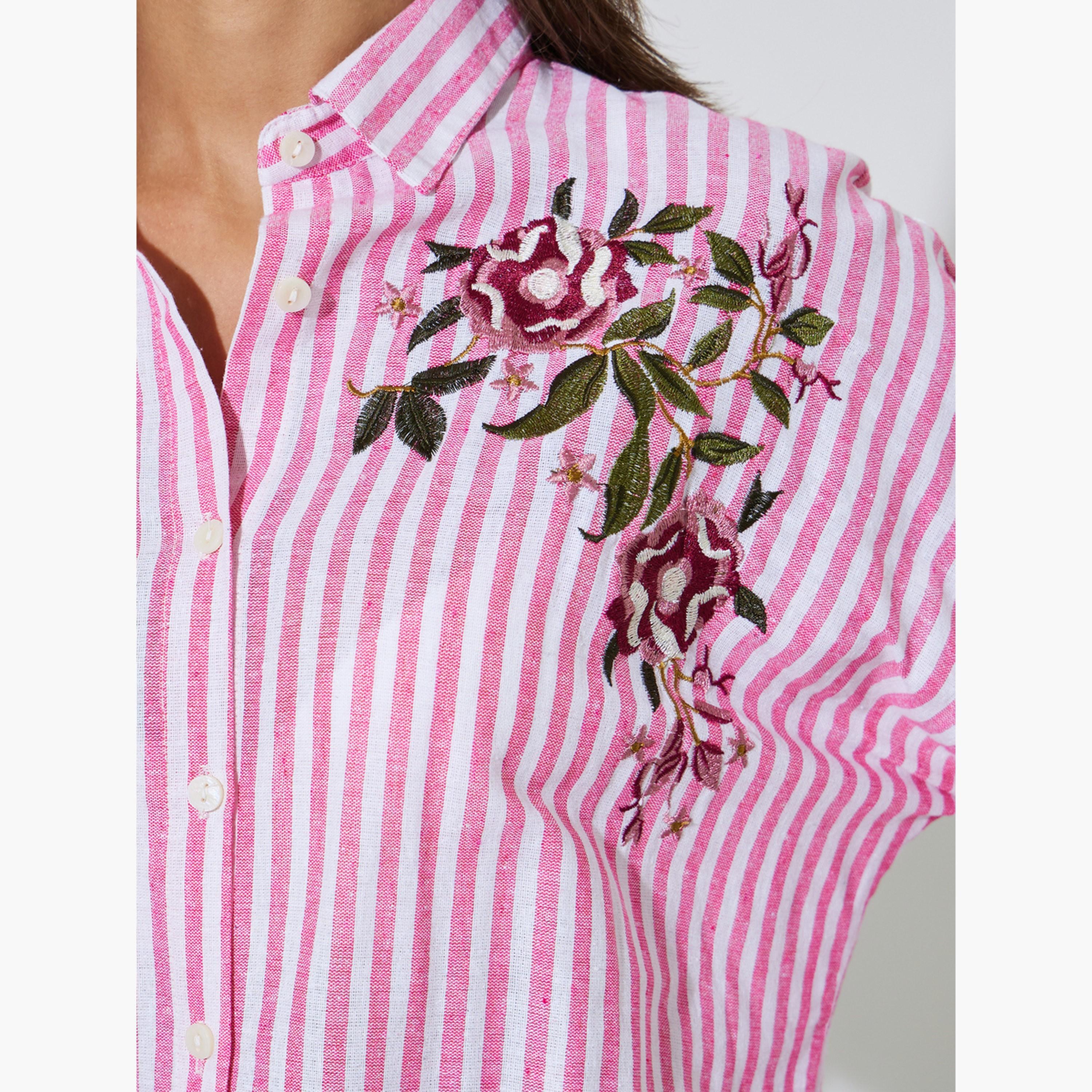 Styli Pink Striped Floral Embroidery Long Sleeve Oversized Shirt-women-clothing-shirtsandblouses-shirts-image-5