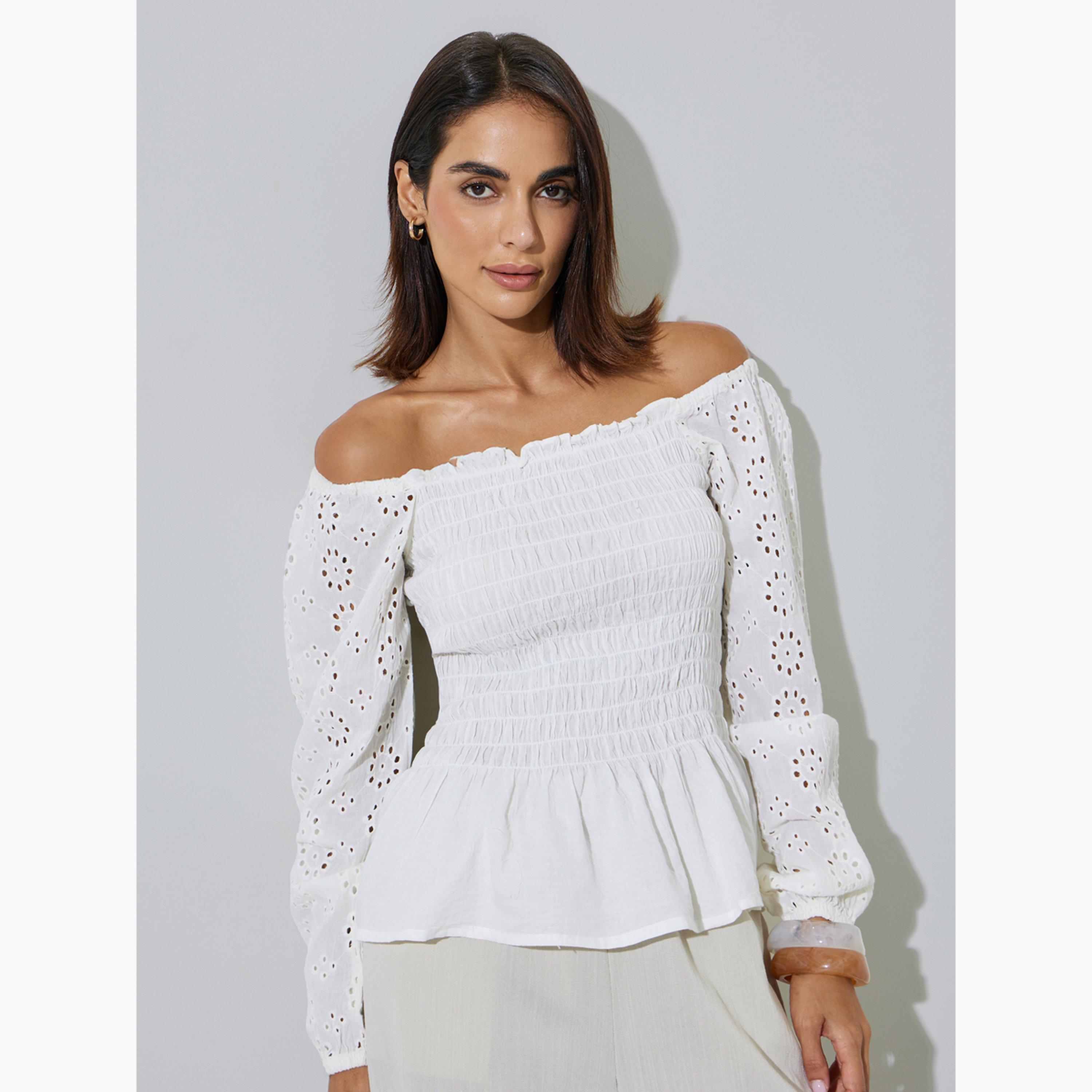 Styli Off White Off Shoulder Smocked Cotton Blouse-women-clothing-shirtsandblouses-blouses-image-1