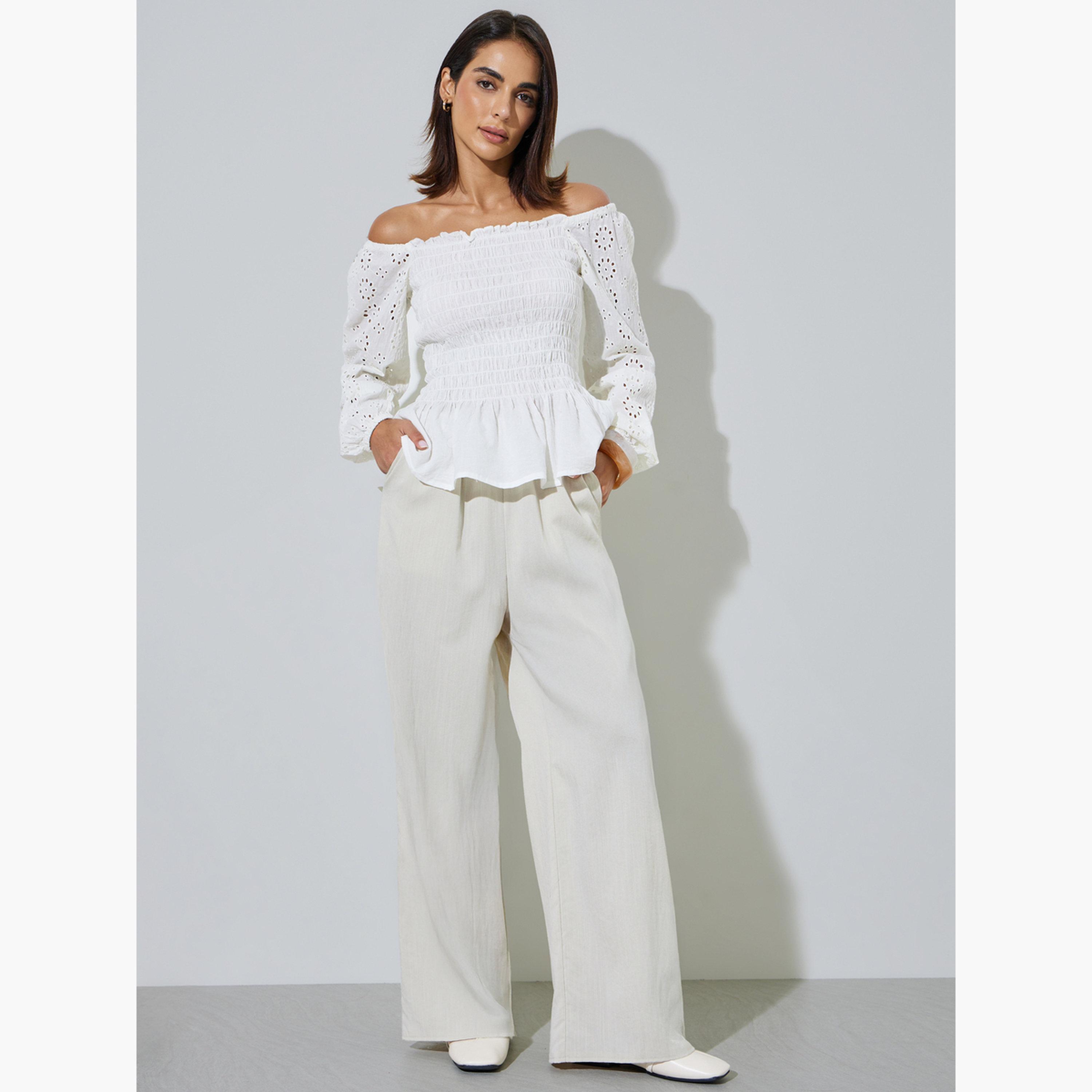 Styli Off White Off Shoulder Smocked Cotton Blouse-women-clothing-shirtsandblouses-blouses-image-2