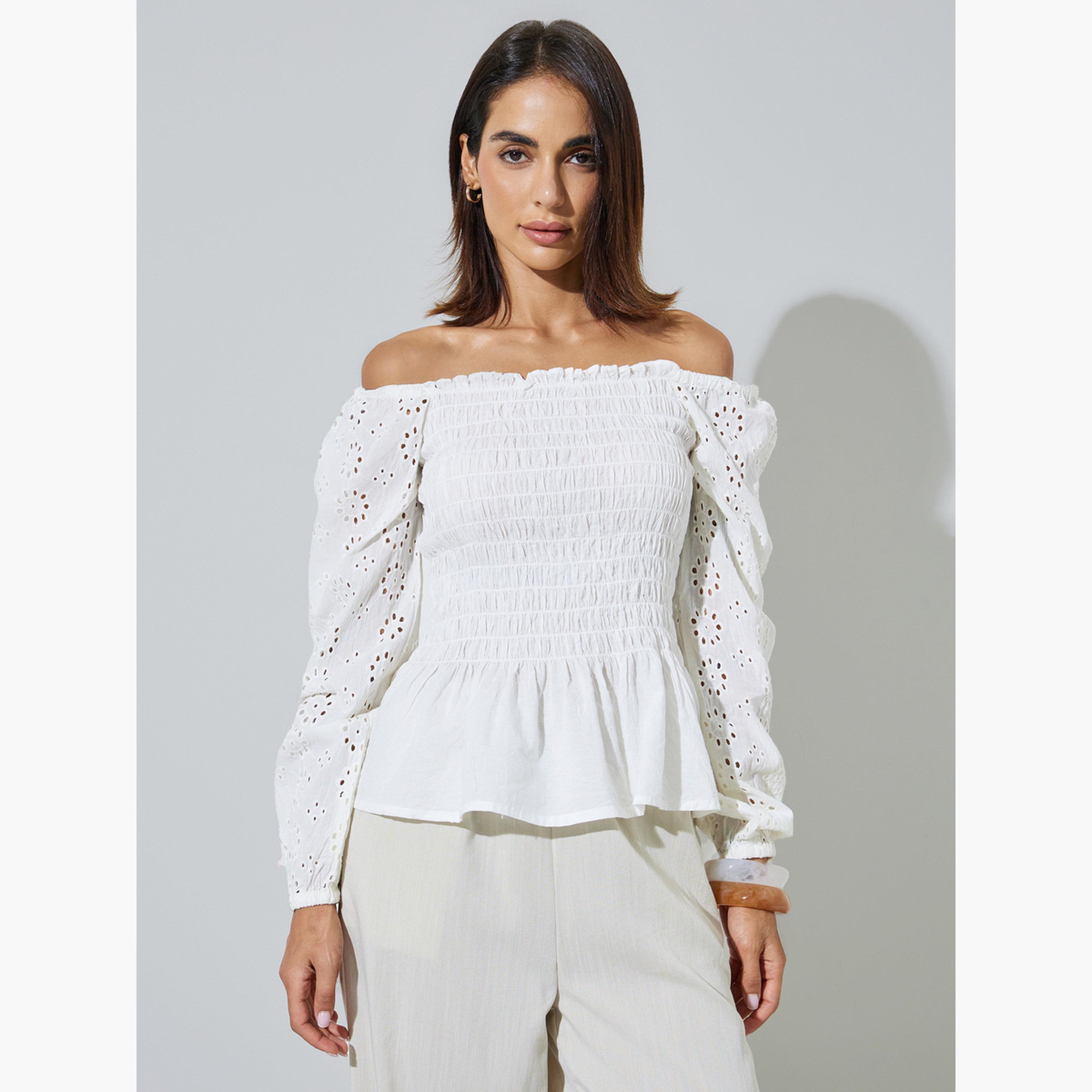 Styli Off White Off Shoulder Smocked Cotton Blouse-women-clothing-shirtsandblouses-blouses-image-3