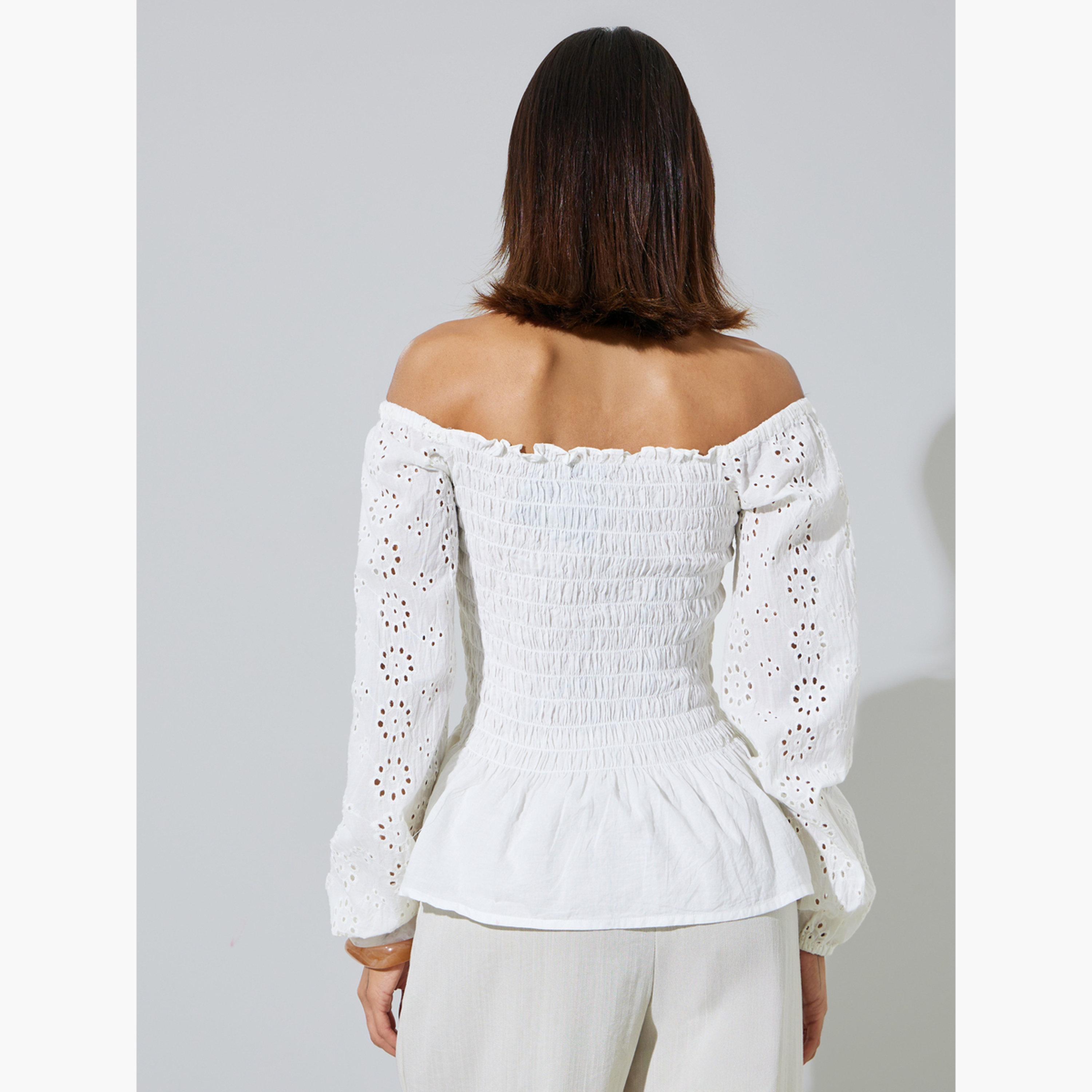 Styli Off White Off Shoulder Smocked Cotton Blouse-women-clothing-shirtsandblouses-blouses-image-4