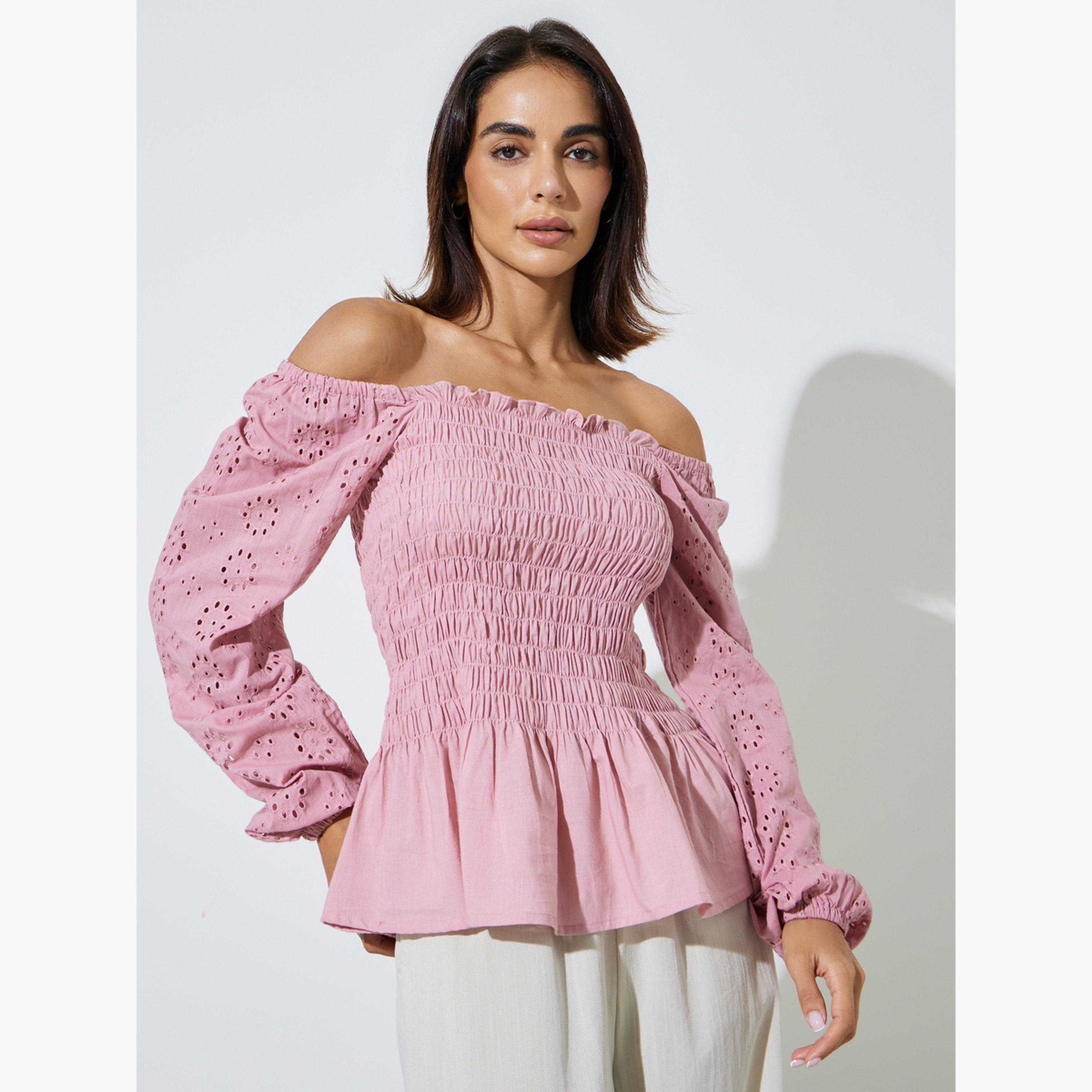 ستايلي - بلوزة قطنية وردية مكشوفة الكتفين بتصميم مكشكش-women-clothing-shirtsandblouses-blouses-image-1