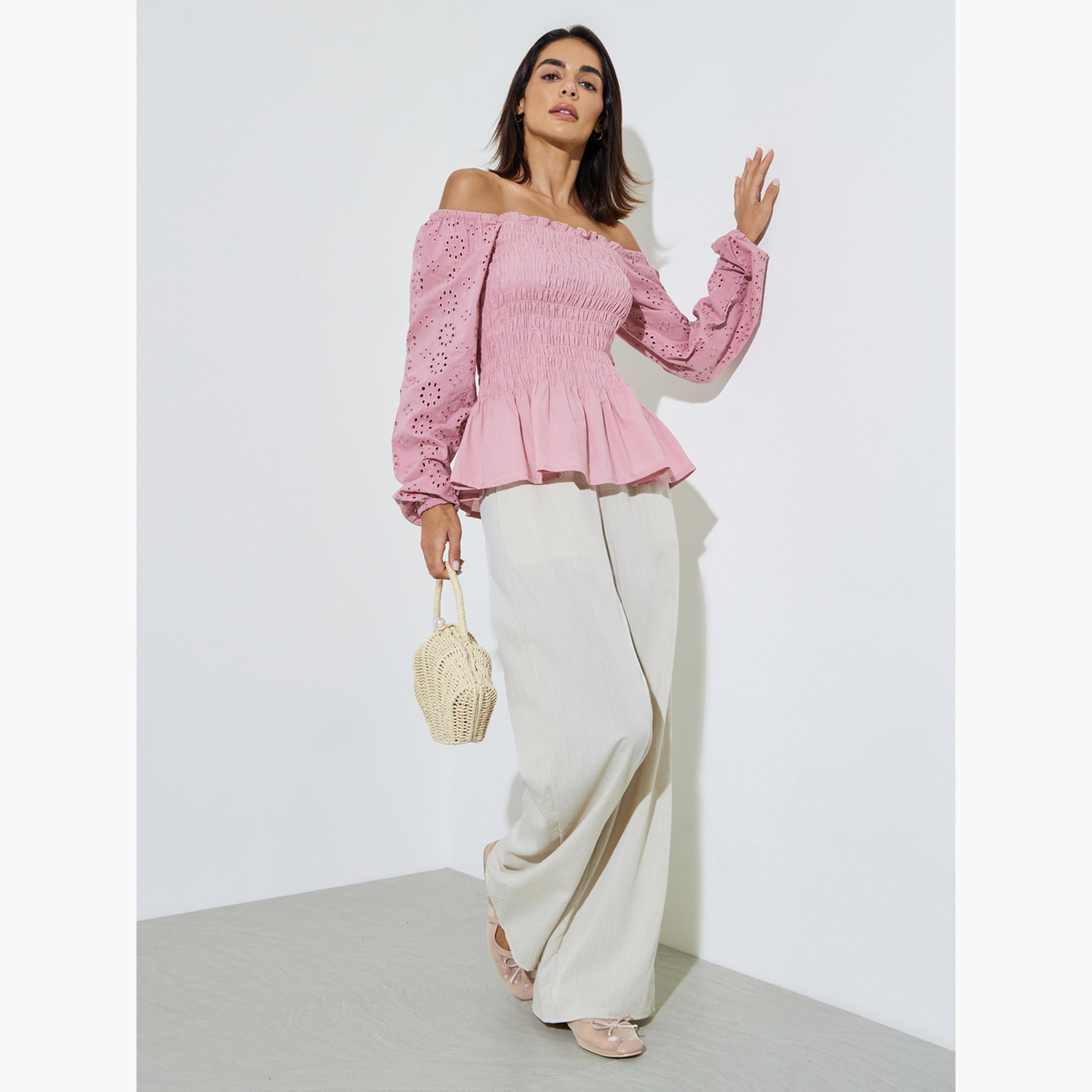 ستايلي - بلوزة قطنية وردية مكشوفة الكتفين بتصميم مكشكش-women-clothing-shirtsandblouses-blouses-image-2