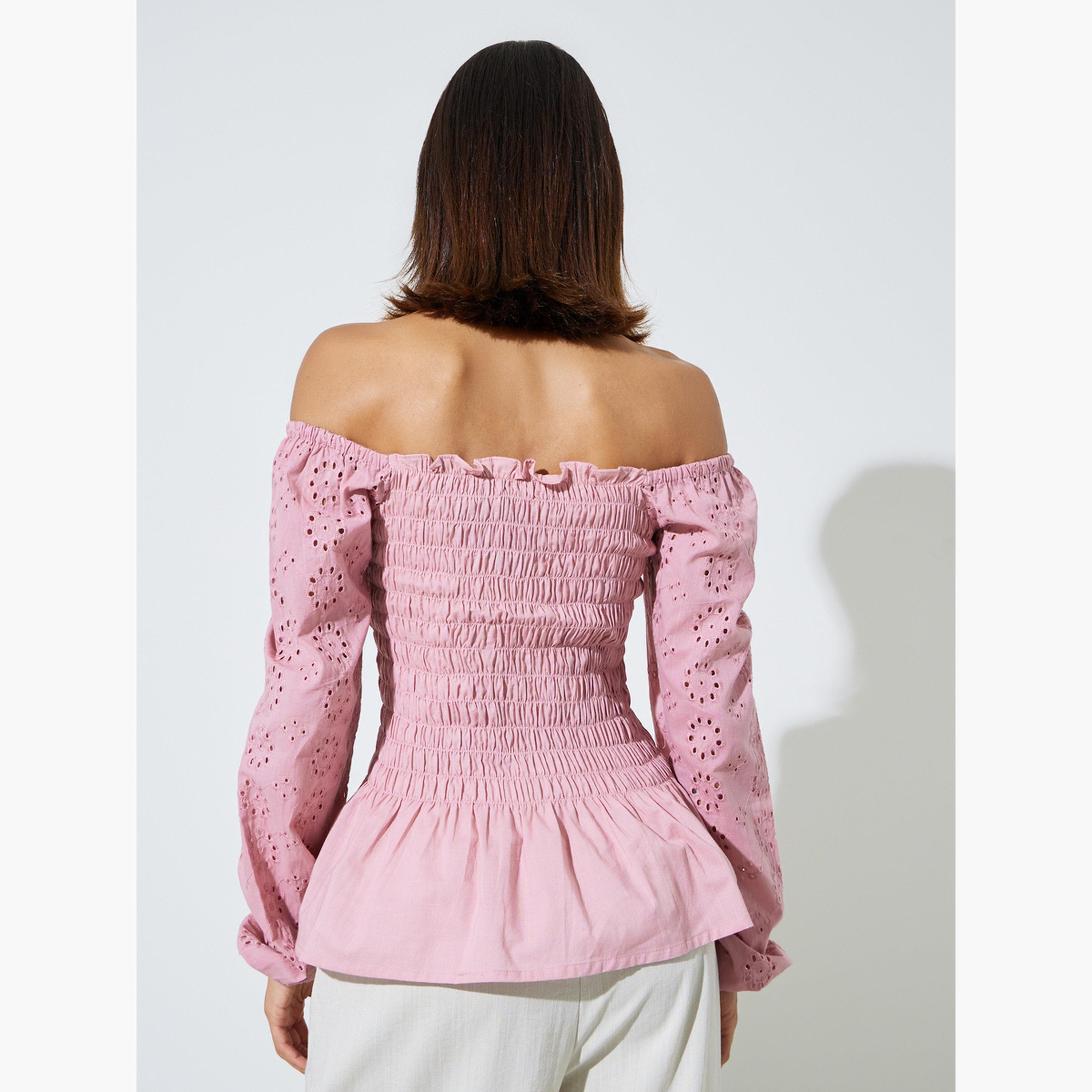ستايلي - بلوزة قطنية وردية مكشوفة الكتفين بتصميم مكشكش-women-clothing-shirtsandblouses-blouses-image-4
