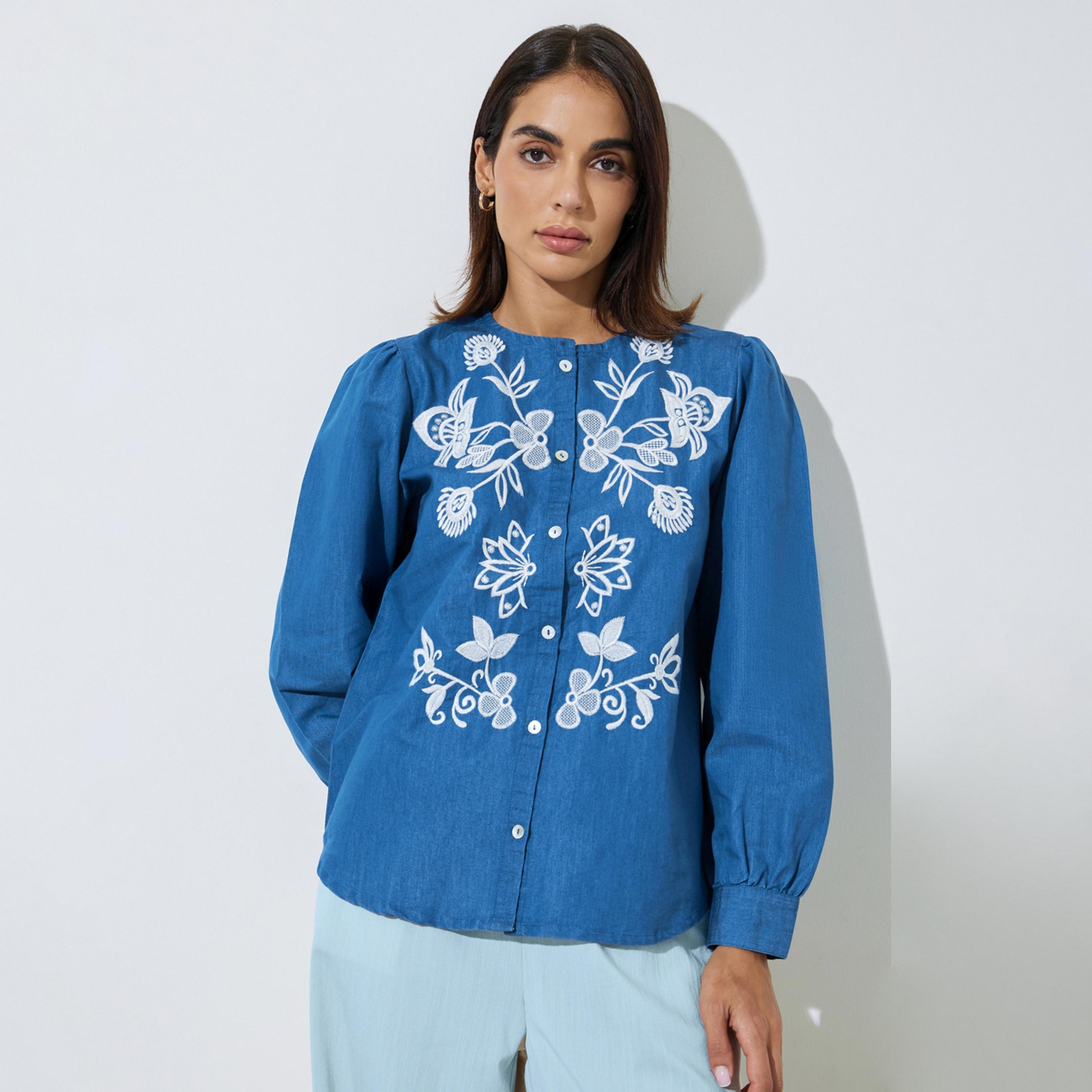 Styli Blue Embroidered Long Sleeve Cotton Blouse-women-clothing-shirtsandblouses-blouses-image-1