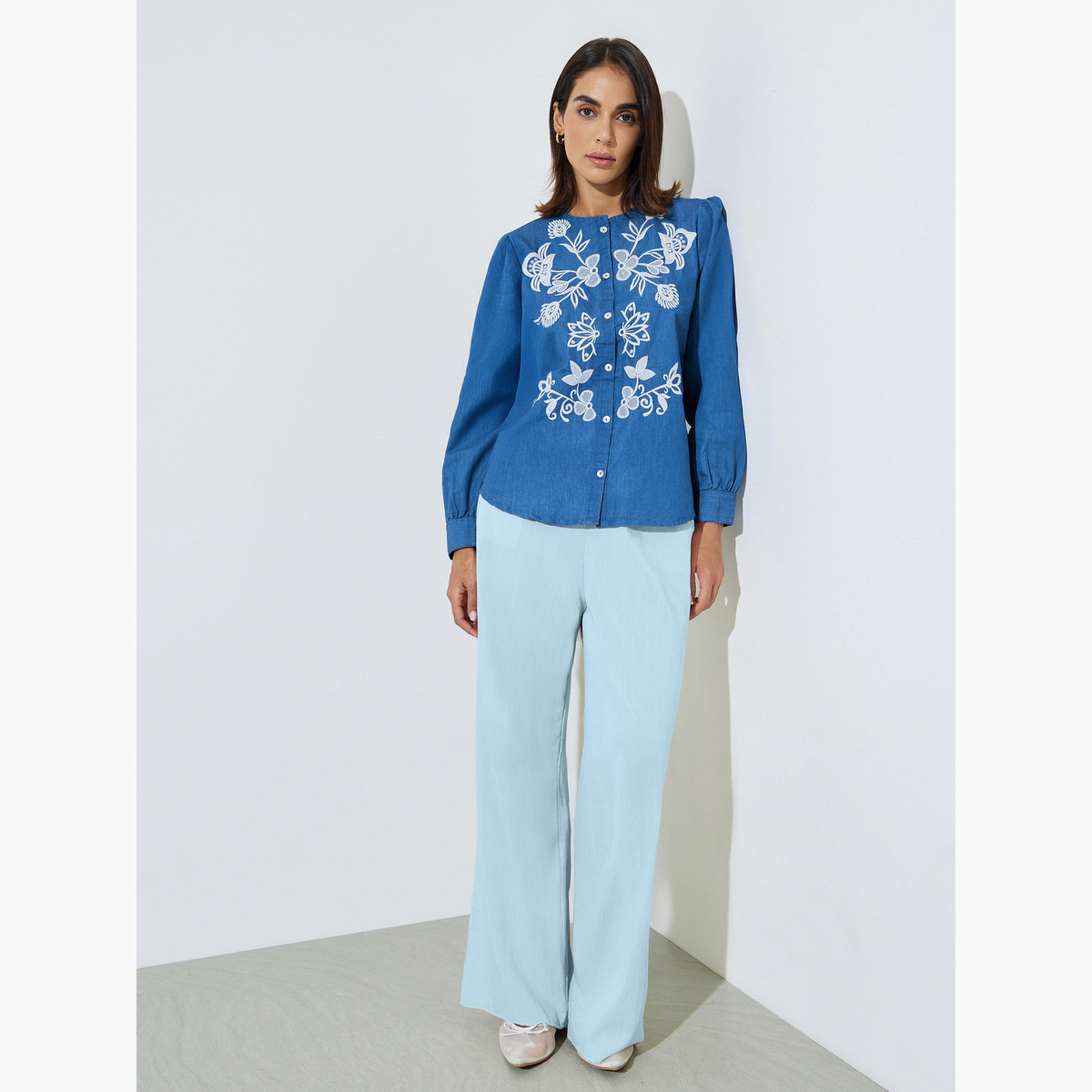Styli Blue Embroidered Long Sleeve Cotton Blouse-women-clothing-shirtsandblouses-blouses-image-2