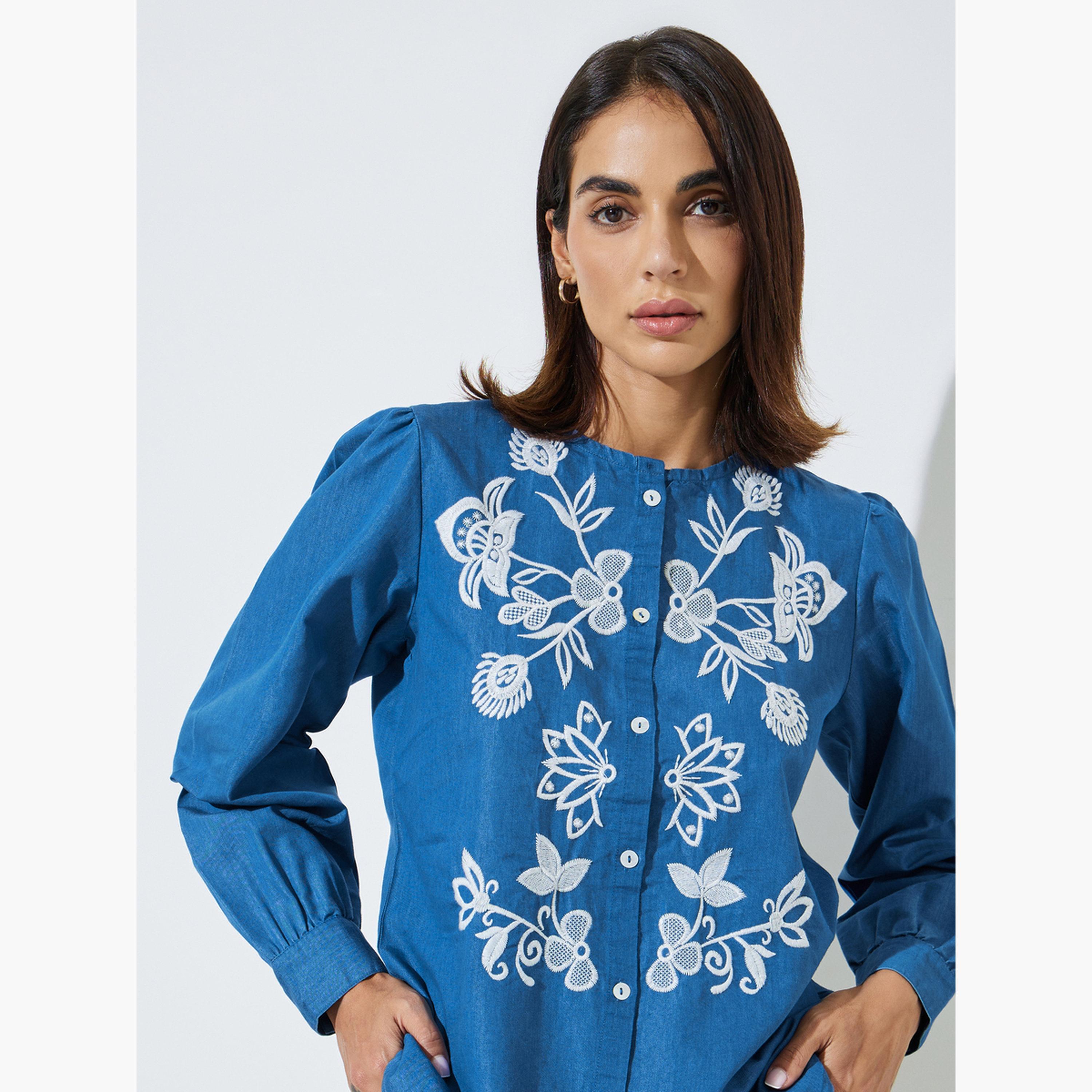 Styli Blue Embroidered Long Sleeve Cotton Blouse-women-clothing-shirtsandblouses-blouses-image-3