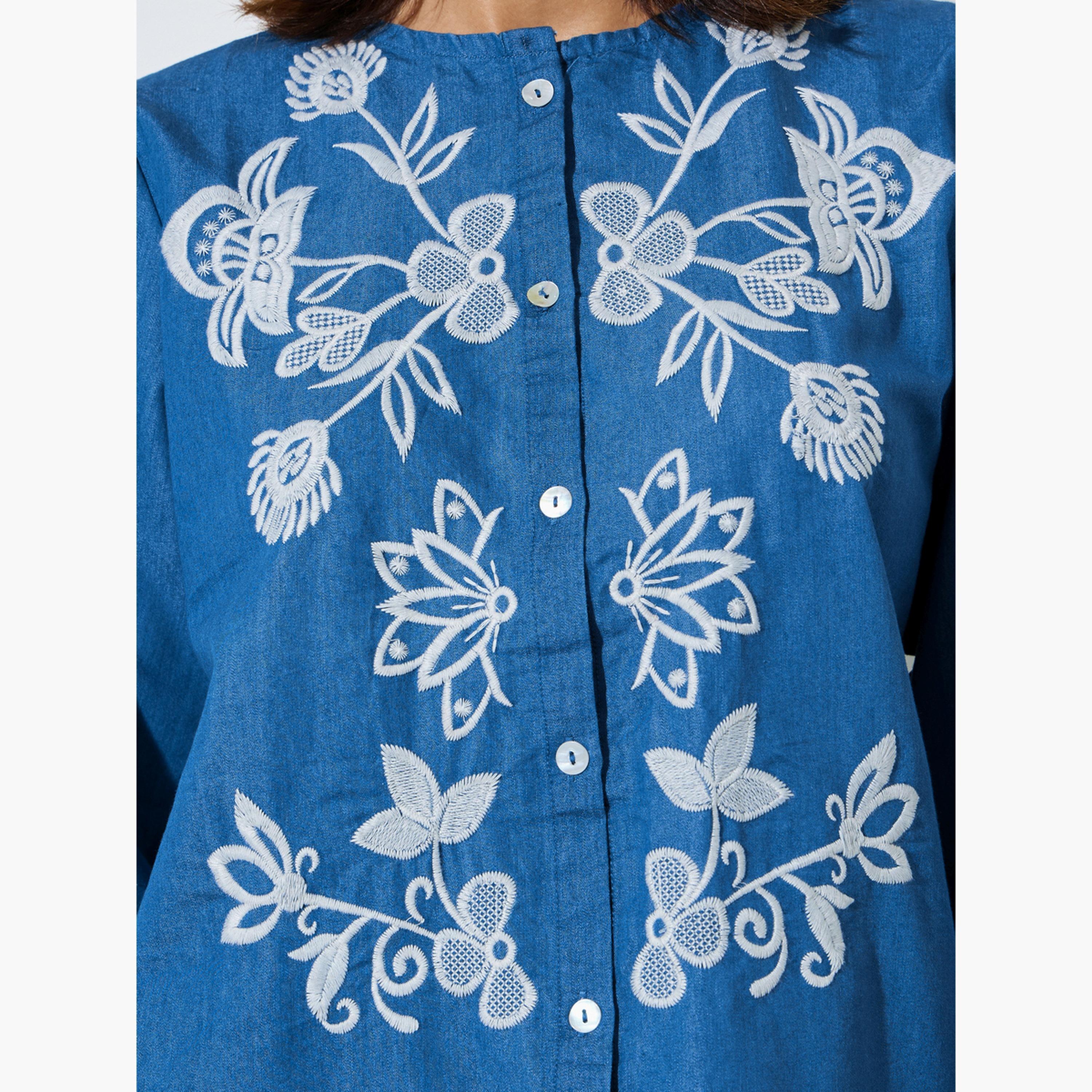 Styli Blue Embroidered Long Sleeve Cotton Blouse-women-clothing-shirtsandblouses-blouses-image-5