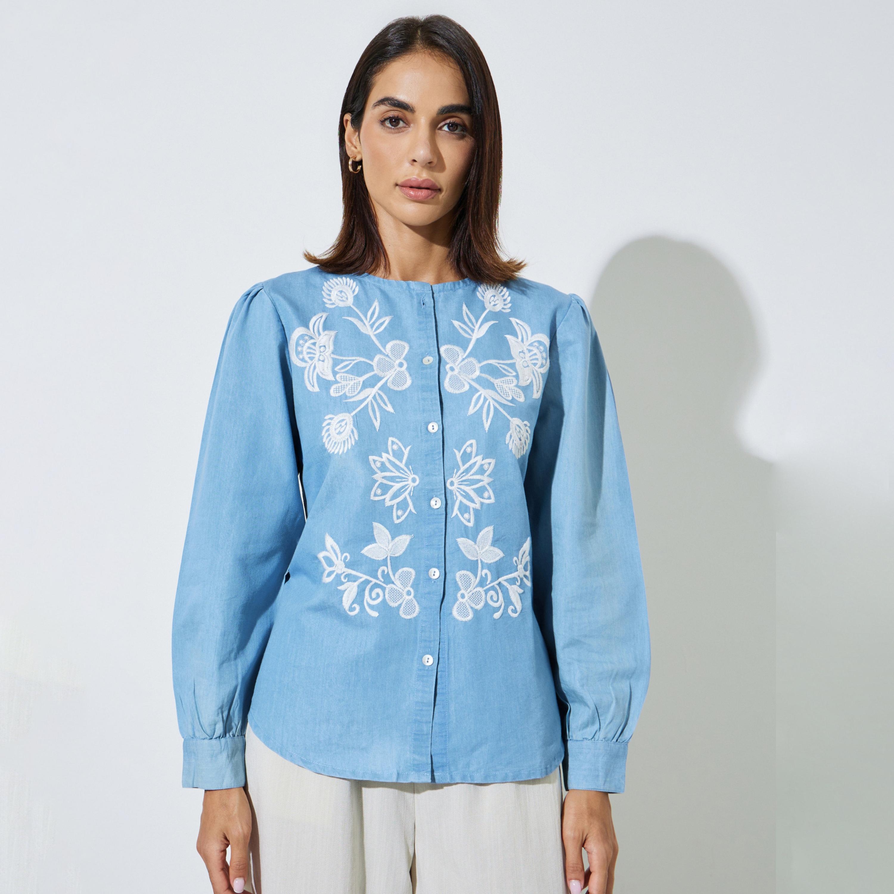 Styli Light Blue Embroidered Long Sleeve Cotton Blouse-women-clothing-shirtsandblouses-blouses-image-1